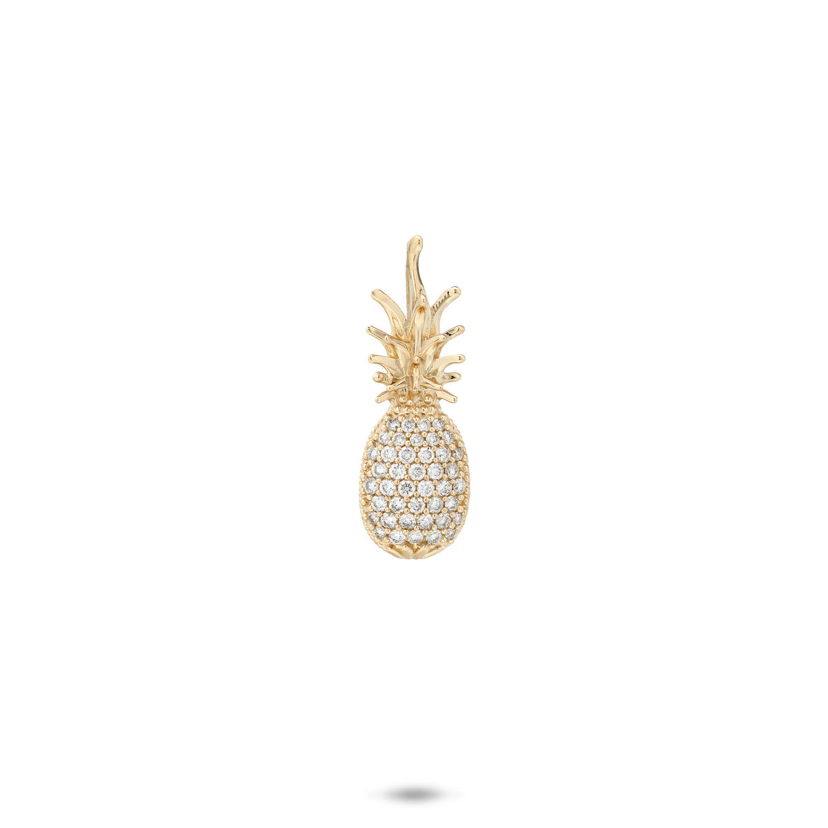 20mm Pineapple Pendant in 14k yellow Gold with pave set Diamonds on the bottom of the pineapple against a white background