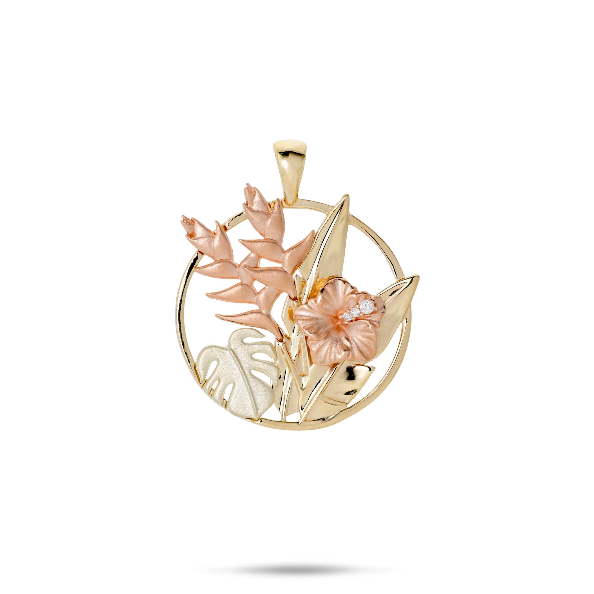 20mm Hawaiian Gardens Pendant with 14k yellow gold round frame, high-polish banana leaves, diamond rose gold hibiscus, rose gold heliconia, and green gold monstera on a white background