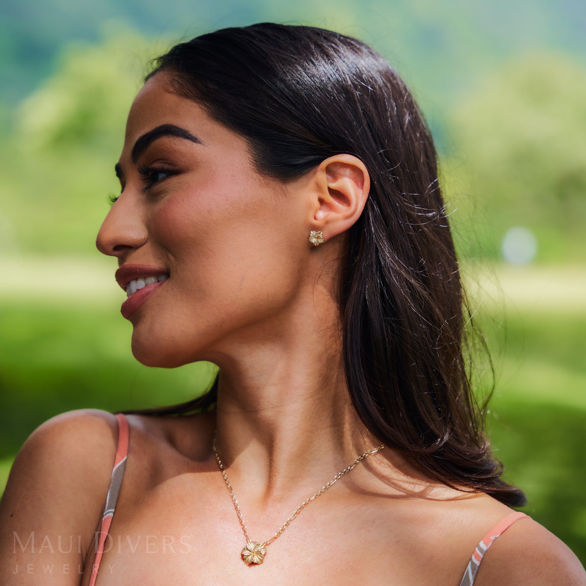 Hawaiian Gardens Hibiscus Earrings in Gold with Diamonds - 9.5mm