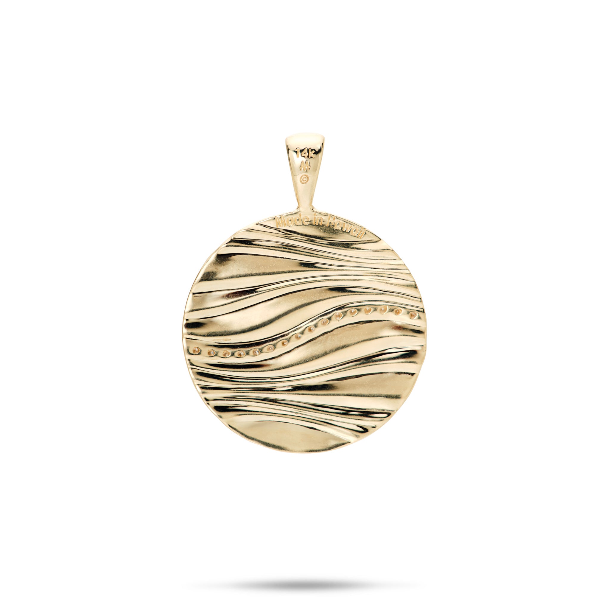 Back view of the high-polish round Ocean Sand Pendant in 14k Yellow Gold with Diamonds, 14k stamp, M stamp, and Made in Hawaii stamp on a White Background