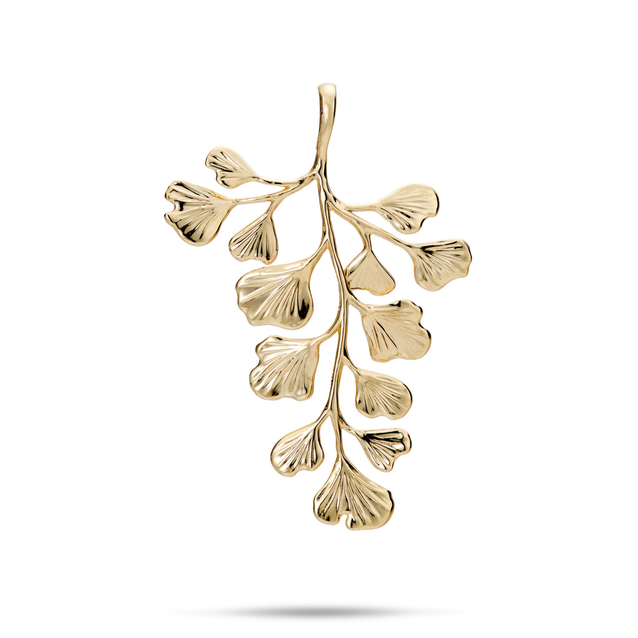 Backside view of a 36mm Maiden Hair Fern Pendant in 14k Yellow Gold with a High-polish finish on a White Background