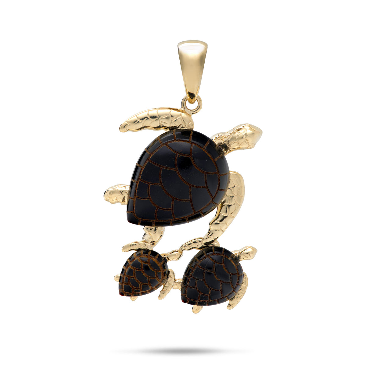 A 14k yellow gold Hawaiian green sea turtle mother and two babies pendant with etched Hawaiian black coral as the shell and life-like high-polish gold detailing for the head and legs, shown on a white background