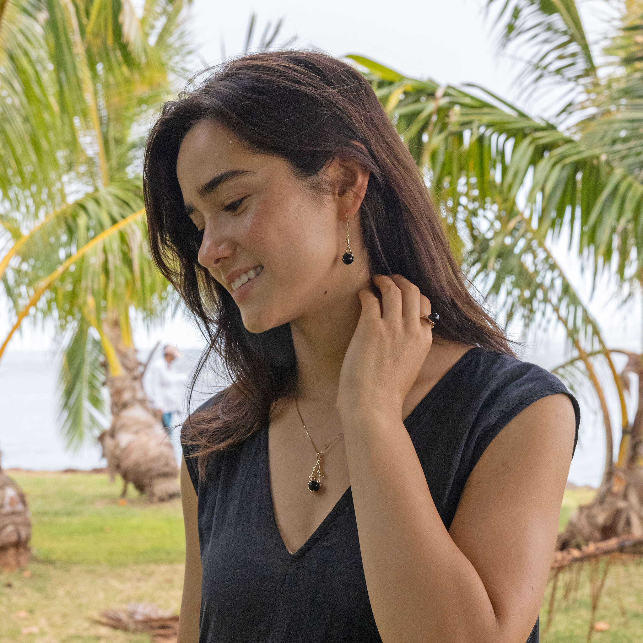 Heritage Black Coral Earrings in Gold - 30mm