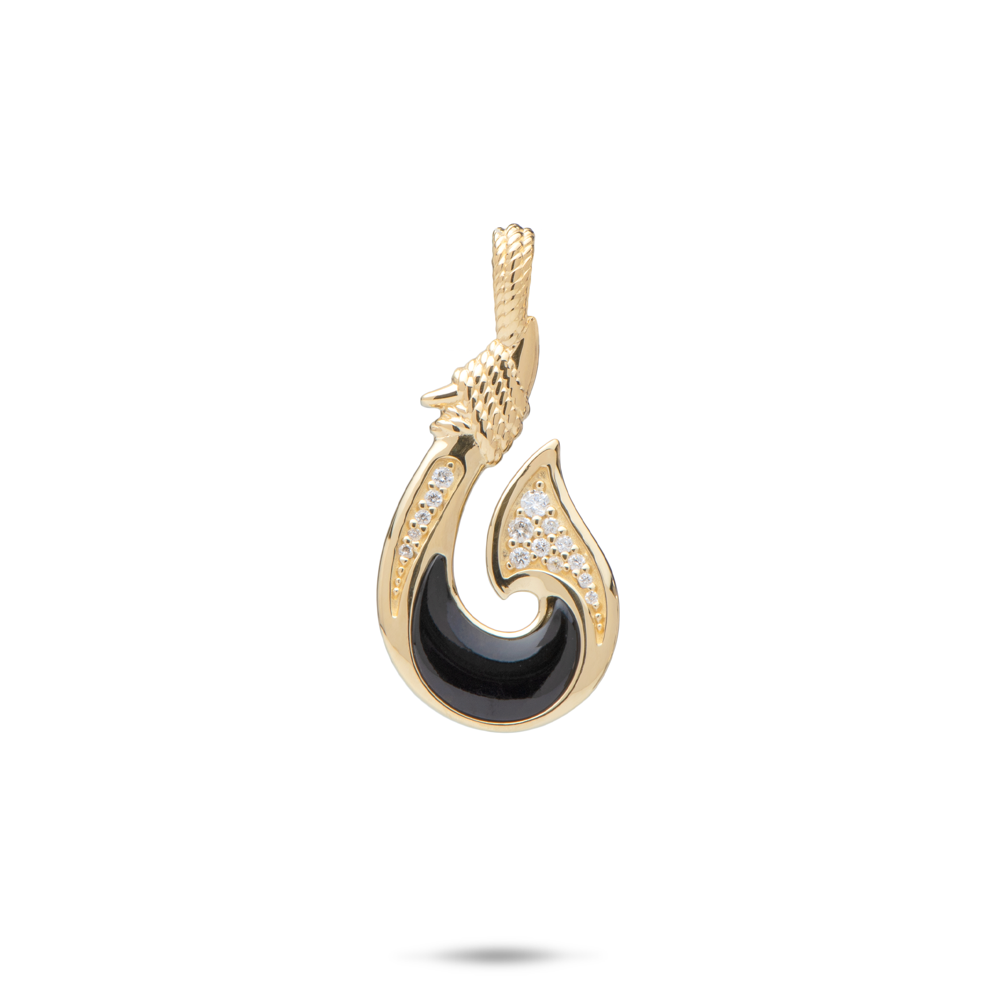 Sealife Fish Hook Black Coral Pendant in Gold with Diamonds - 27mm