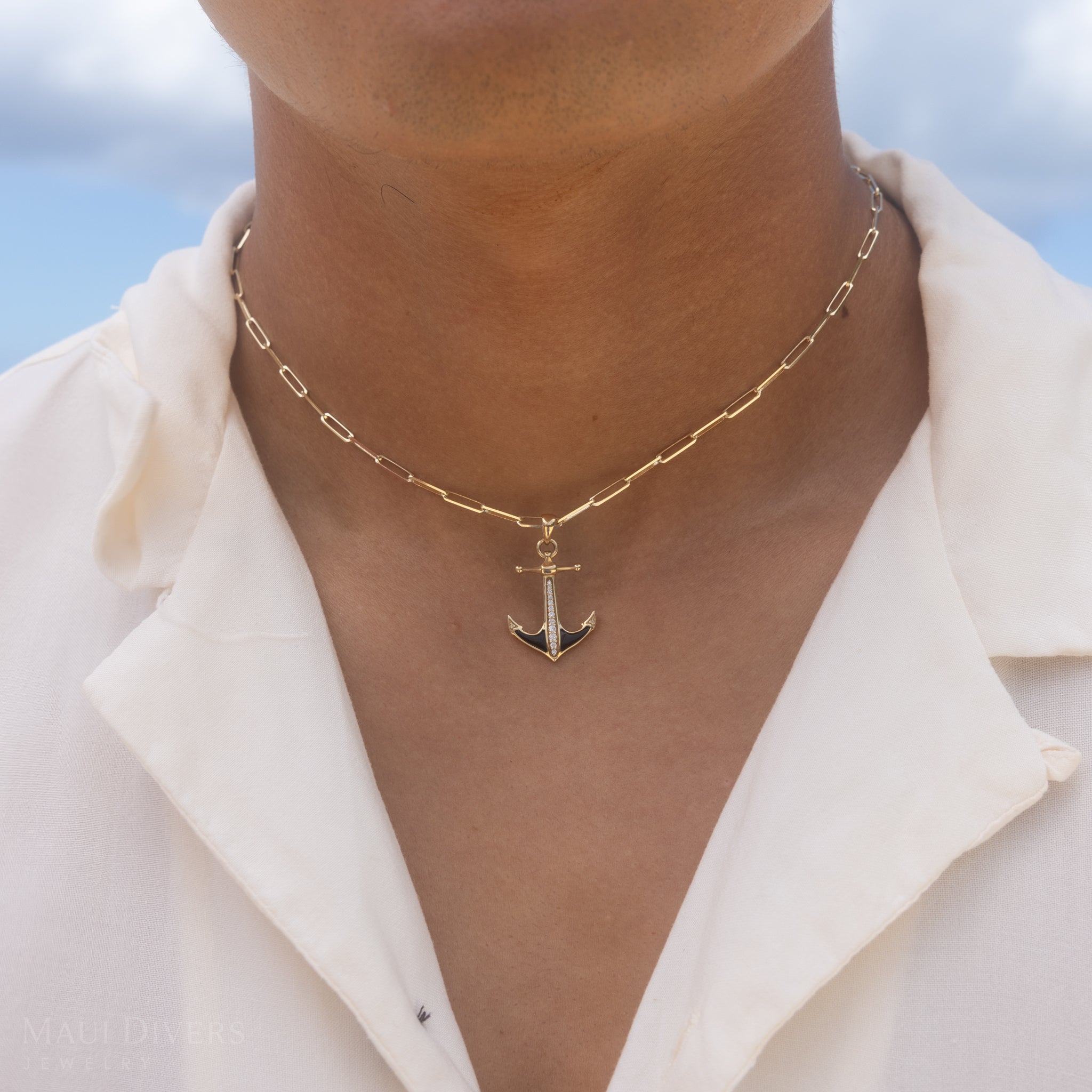 Sealife Anchor Black Coral Pendant in Gold with Diamonds - 21mm