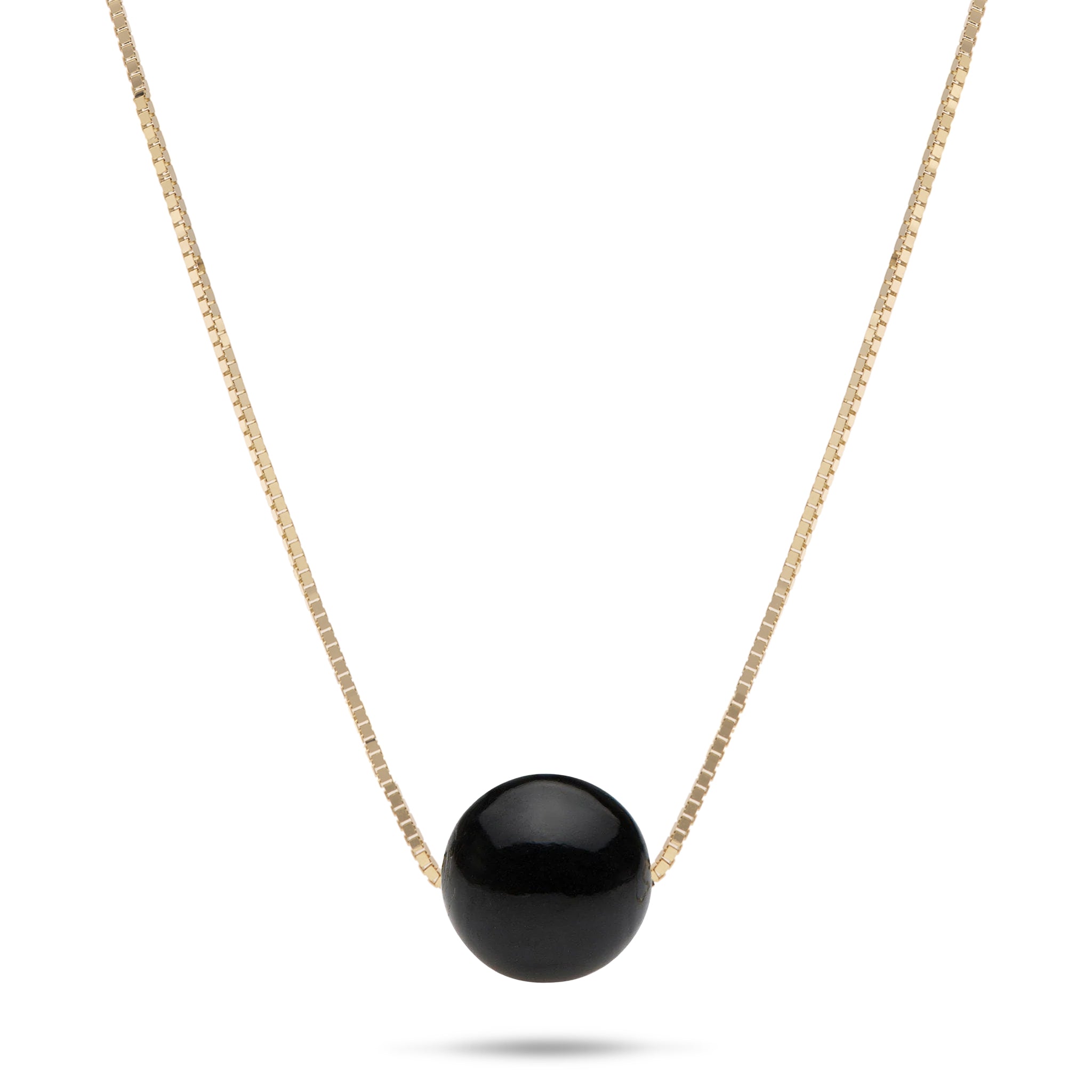Hawaiian Black Coral Bead Slider 0.8mm Box Chain Necklace in 14k Yellow Gold