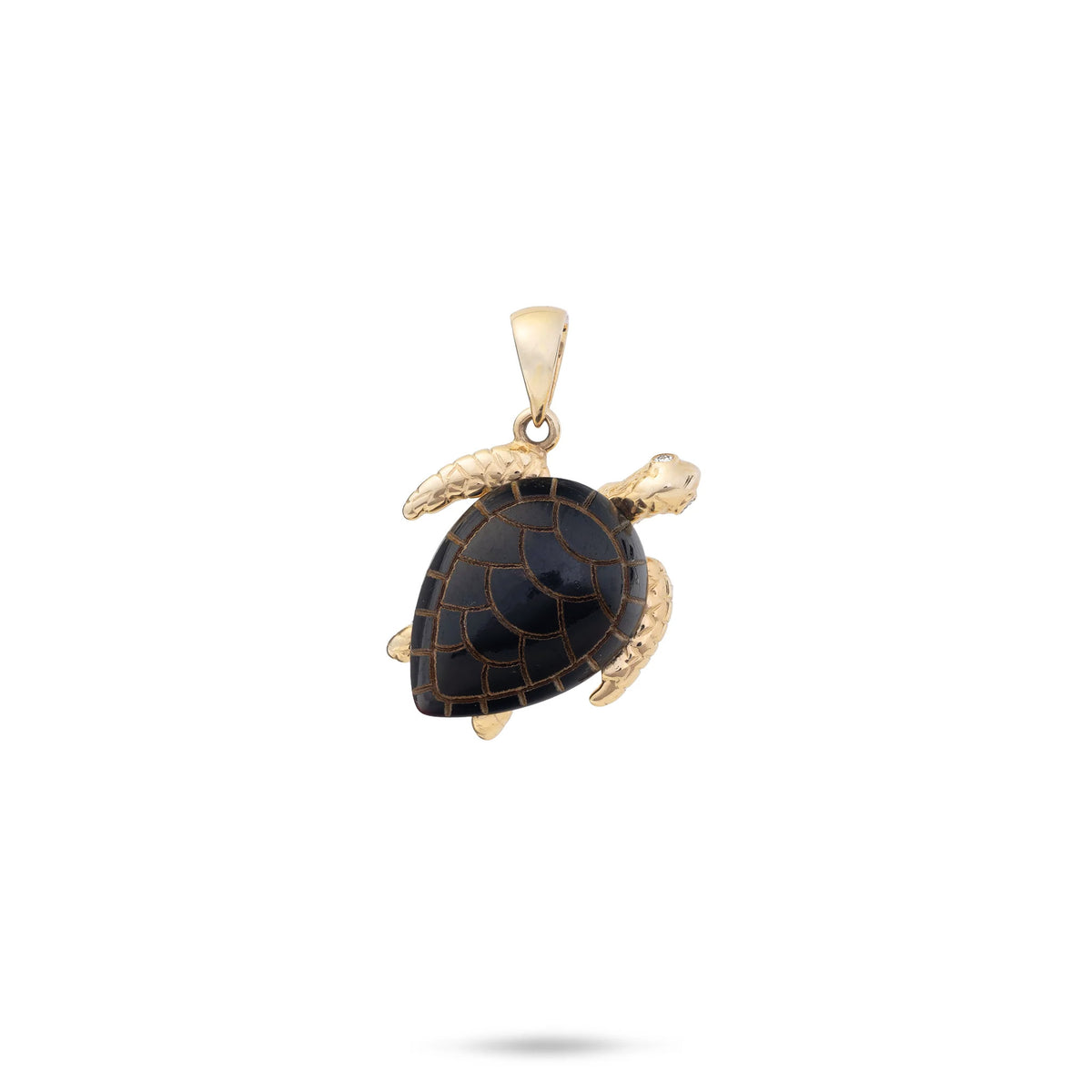 A 15mm 14k white gold Hawaiian green sea turtle pendant featuring a lustrous Hawaiian black coral inlay with laser-etched shell design and diamond-accented eyes, shown on a plain white background.
