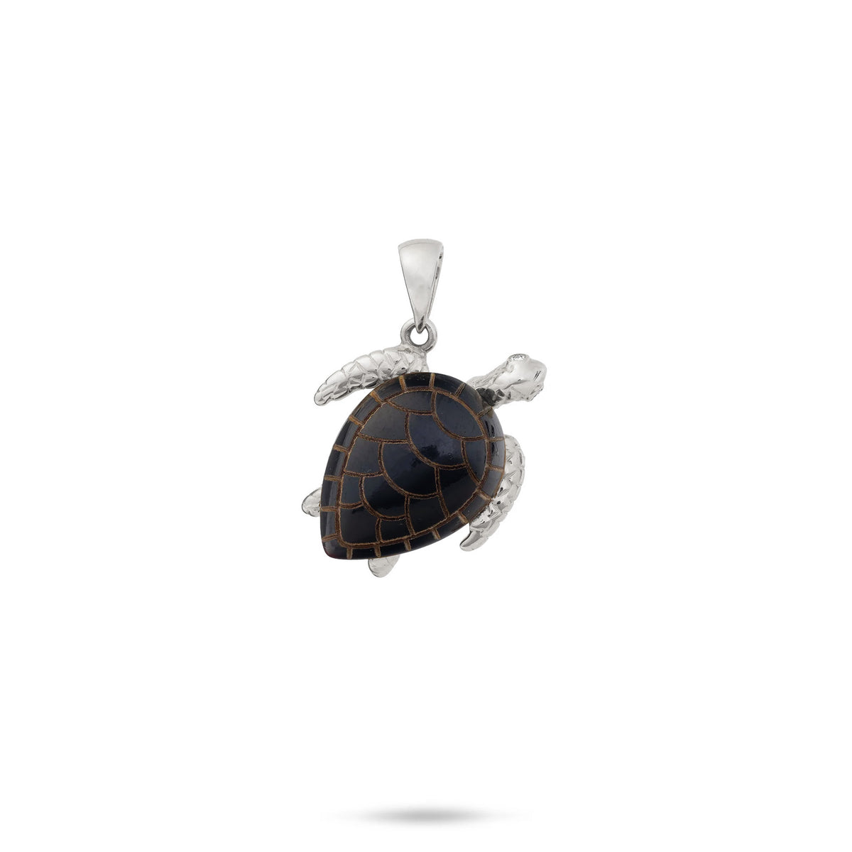 A 15mm 14k white gold Hawaiian green sea turtle pendant featuring a lustrous Hawaiian black coral inlay with laser-etched shell design and diamond-accented eyes, shown on a plain white background.