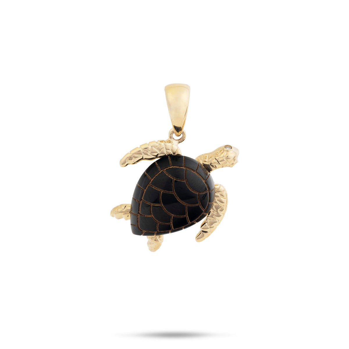 A 19mm life-like Hawaiian Green Sea Turtle Pendant in 14k yellow gold with diamond-accented eyes and a lustrous Hawaiian black coral design for the shell with laser etching, shown on a white background