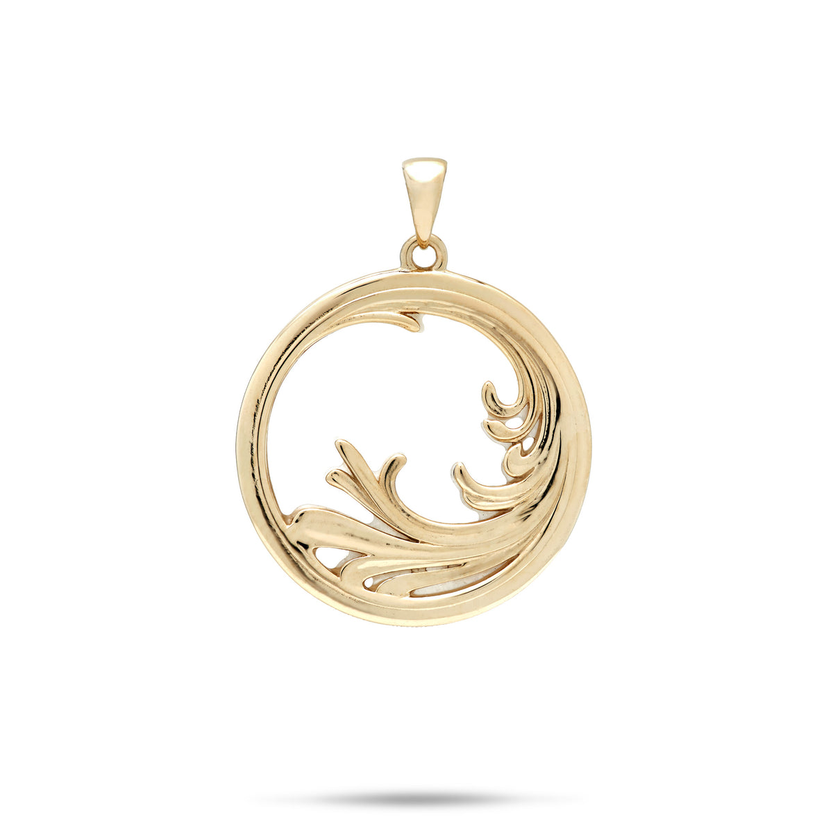The backside of a 22mm round 14k yellow gold cut-out splashing wave pendant with high-polish bail, shown on a white background