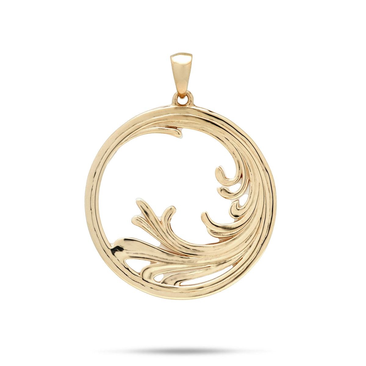 The backside of a round 27mm 14k yellow gold pendant with a cut-out splashing wave design and a high-polish bail, shown on a white background