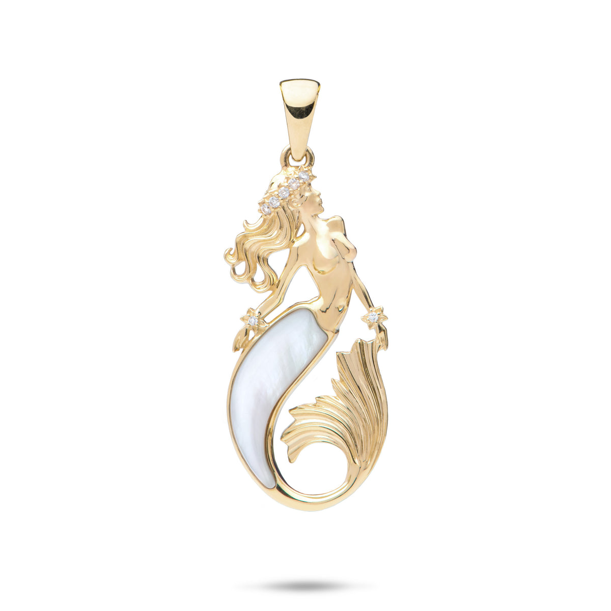 A 14k yellow gold mermaid pendant with a diamond head lei, diamond accented wrists, and white mother of pearl inlay along the tail, shown on a white background