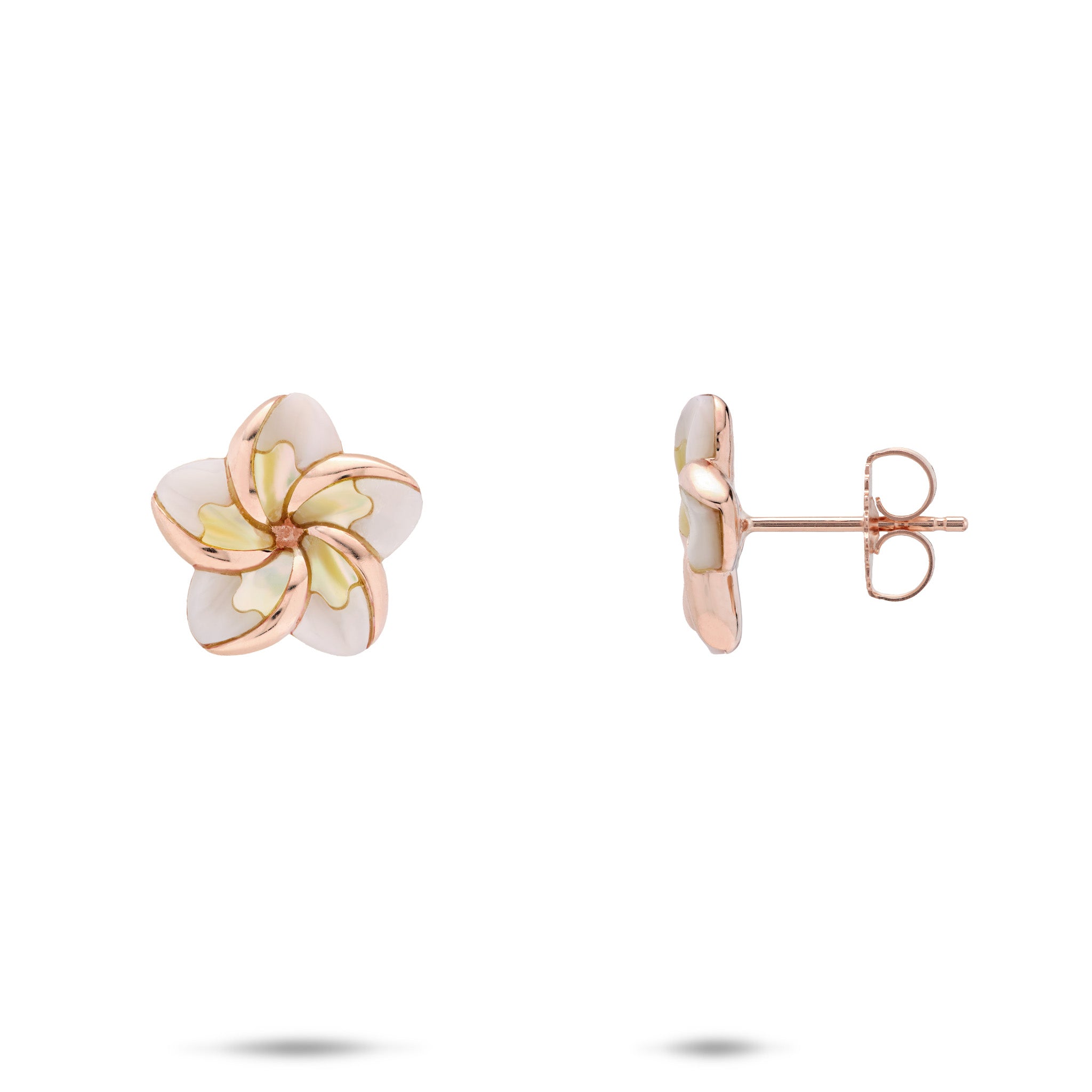 13mm Plumeria Mother of Pearl Earrings in 14k Rose Gold on white background