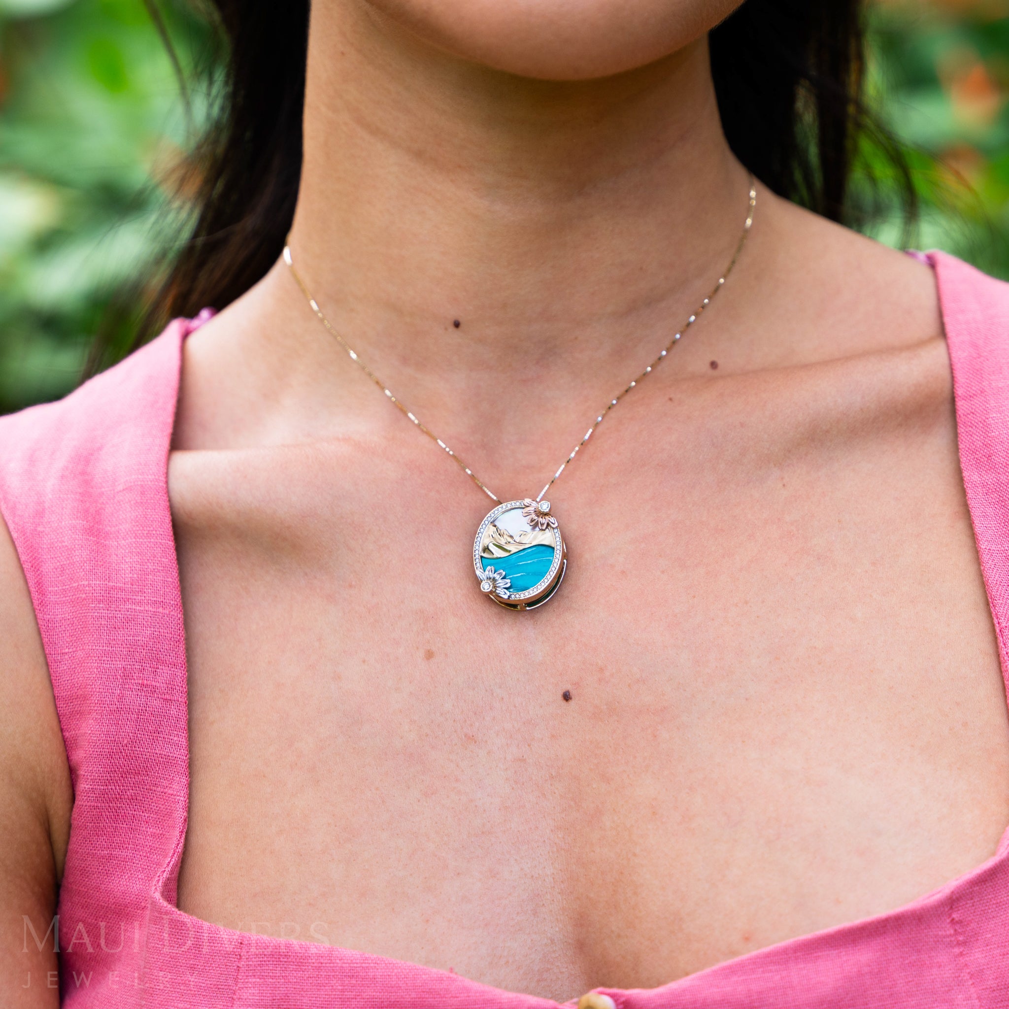 Beach & Mountain Naupaka Turquoise & Mother of Pearl Pendant in Tri Color Gold with Diamonds