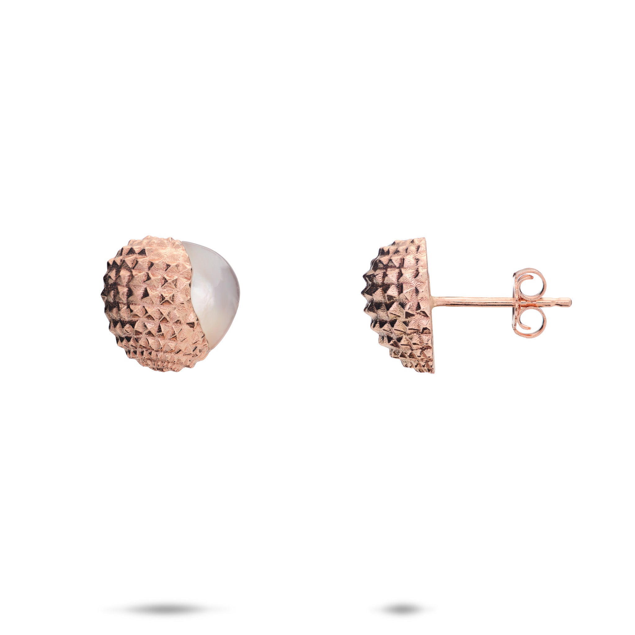 Lychee Mother of Pearl Earrings in 14k Rose Gold on a White Background