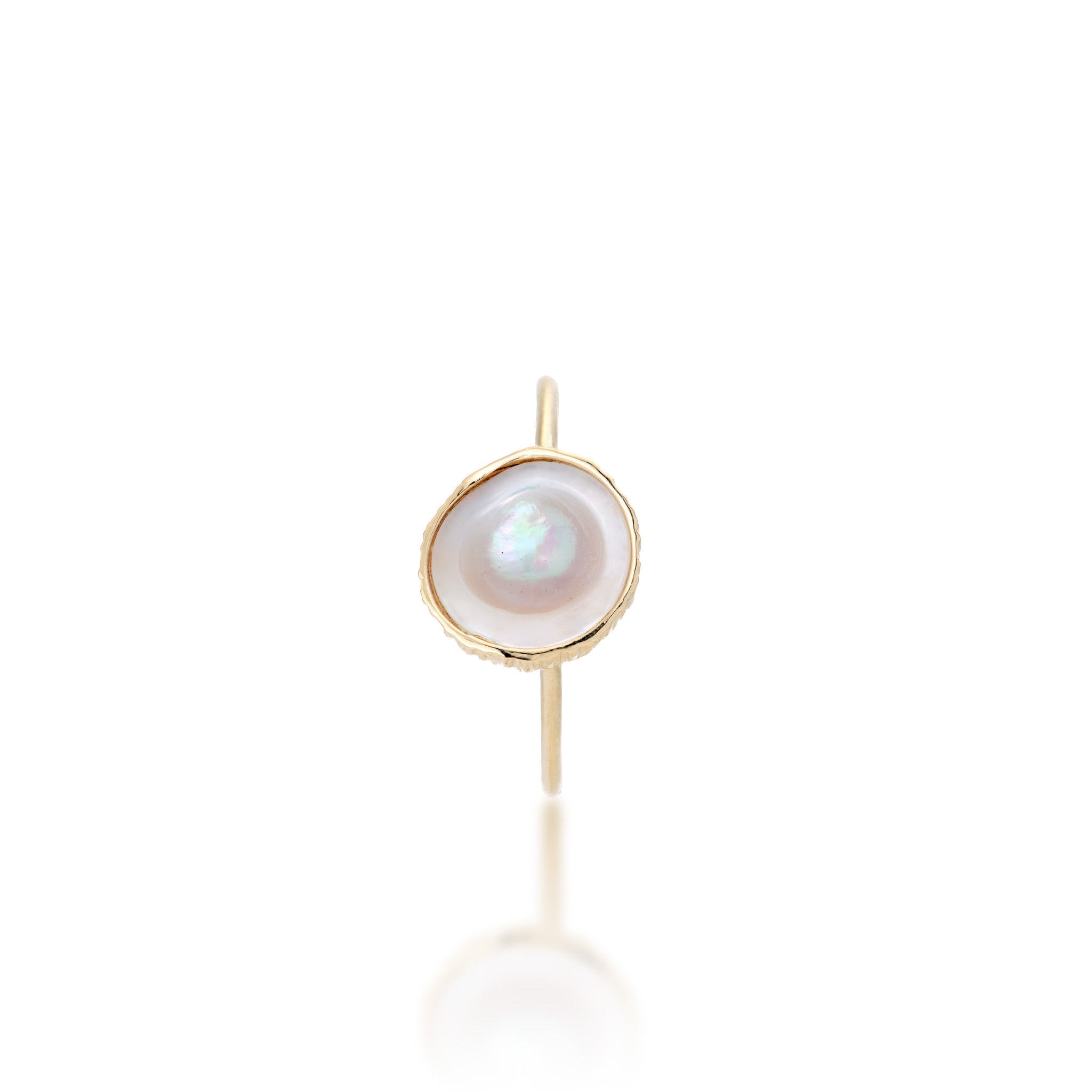 Top view of the 10mm Coconut Ring with Mother of Pearl Inlay in 14k Yellow Gold on a White Background