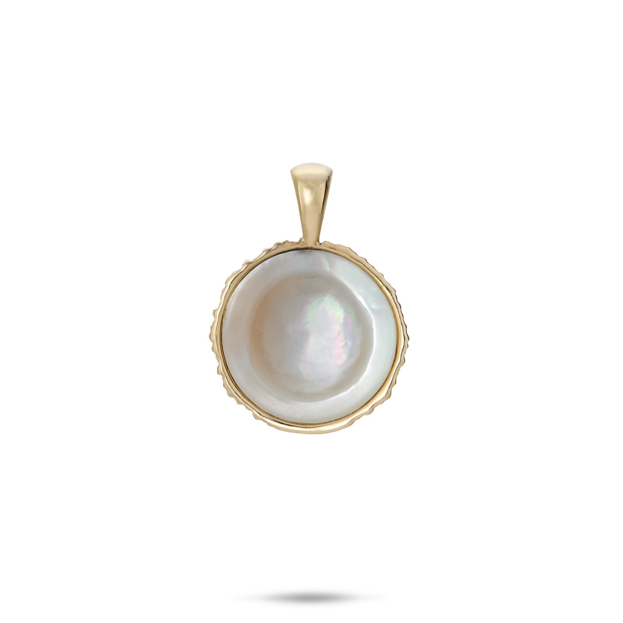 16mm Coconut Pendant with Mother of Pearl Inlay in 14k Yellow Gold on a White Background