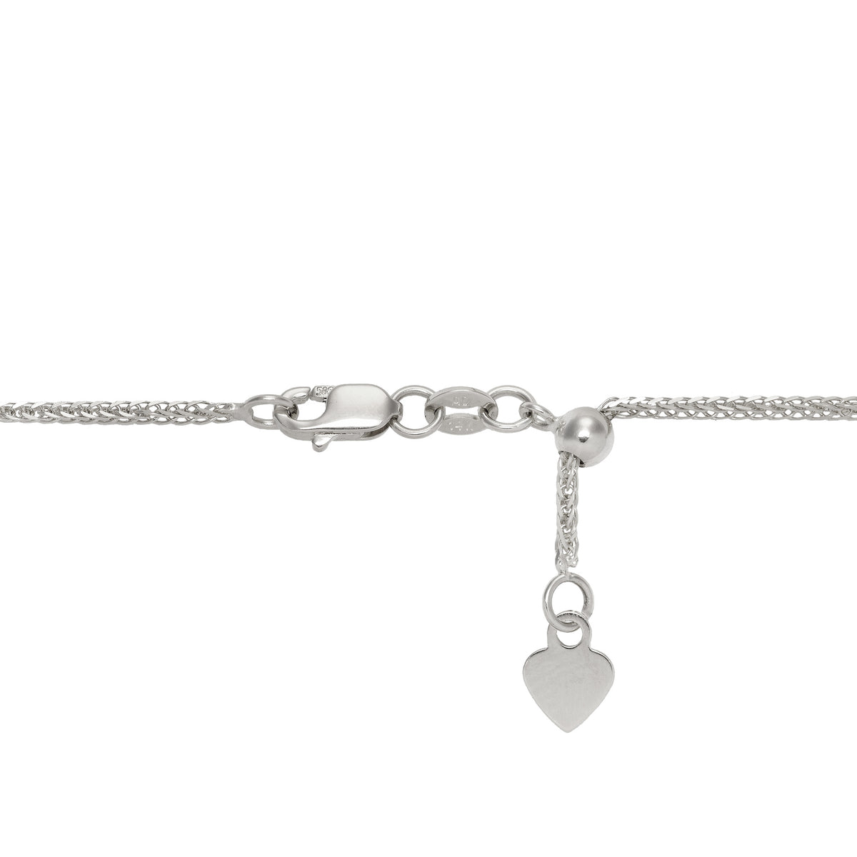 Detail shot of a 14k white gold 1.4mm Espiga Chain with Lobster Claw Clasp and Adjustable Ball on white background