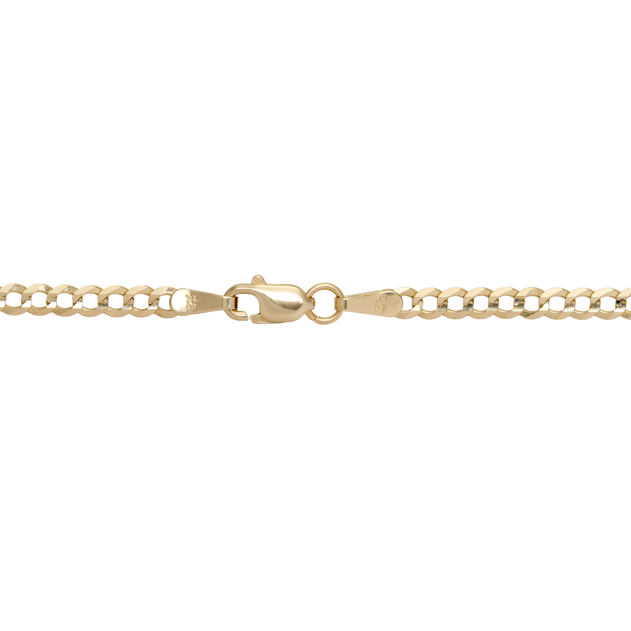 2.5mm Curb Chain in 14k Yellow Gold with Lobster Claw Clasp on a white background