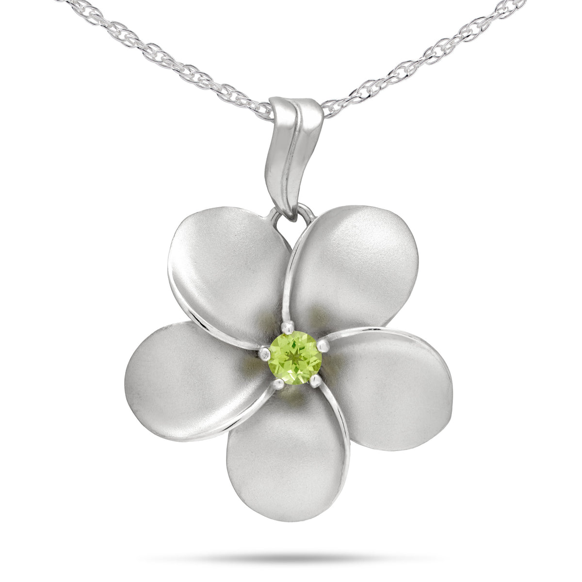A sterling silver plumeria flower pendant necklace with five petals and a central peridot gemstone, shown on a white background with a subtle shadow.