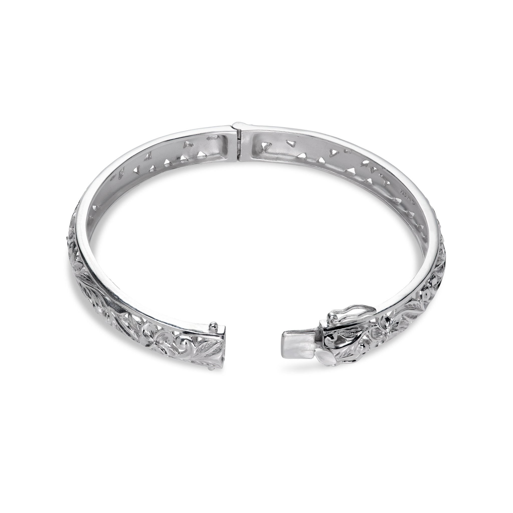 Close up of opened hinge on the Hawaiian Heirloom Plumeria Bracelet in Sterling Silver on a white background