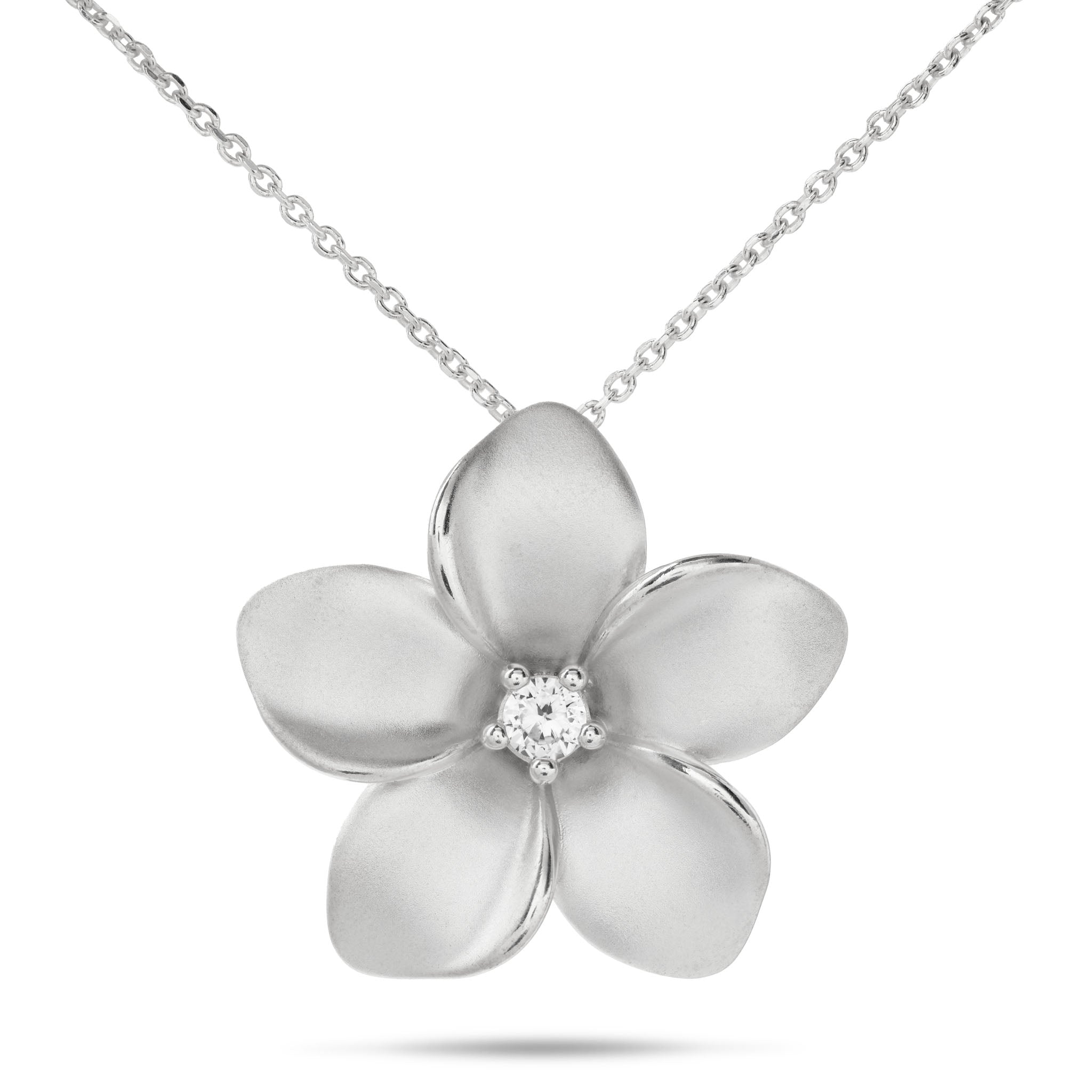 24" Adjustable Plumeria White Sapphire Necklace in Sterling Silver - 28mm