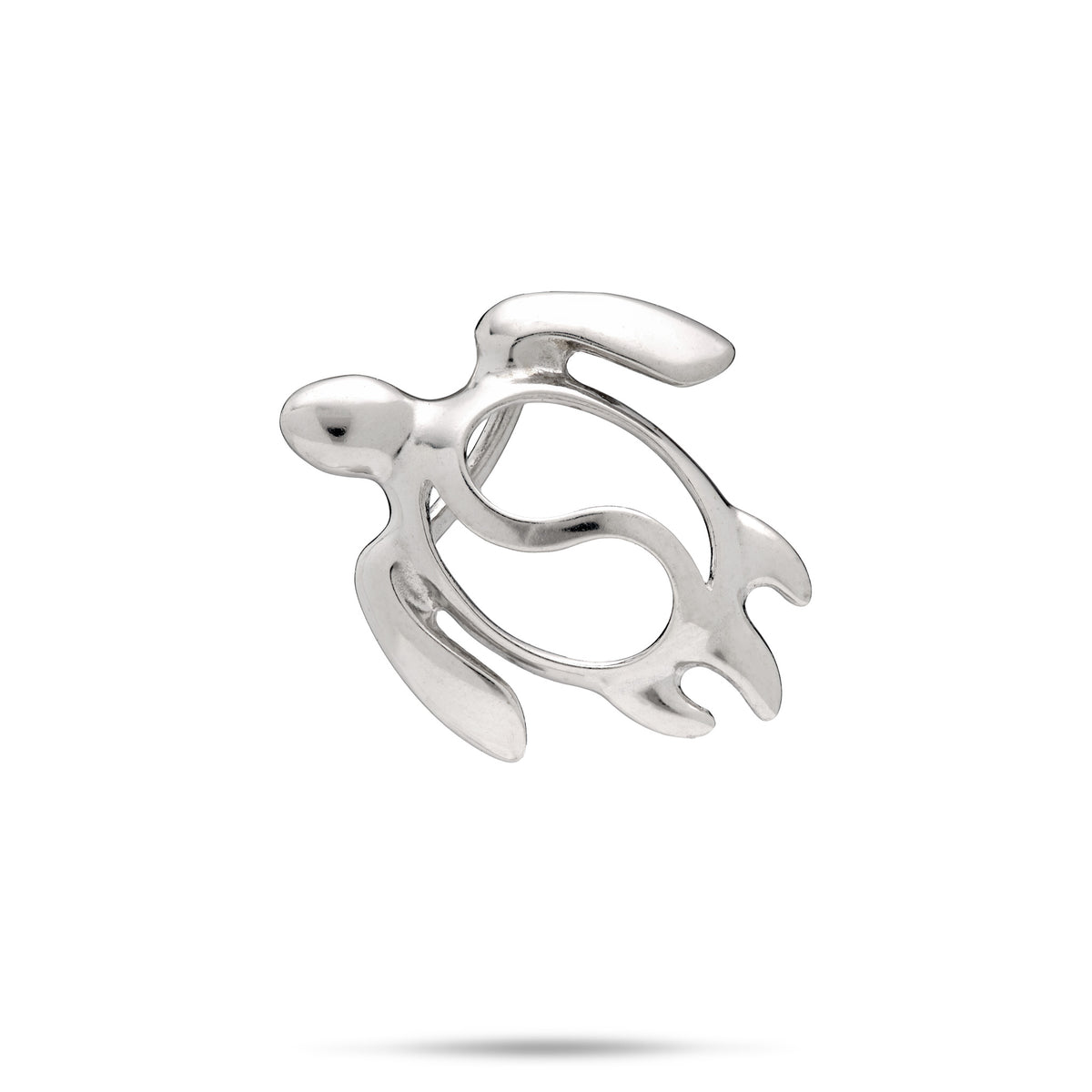 A simple sterling silver sea turtle pendant with a high-polish finish and yin yang cut-out design as the shell, shown on a white background