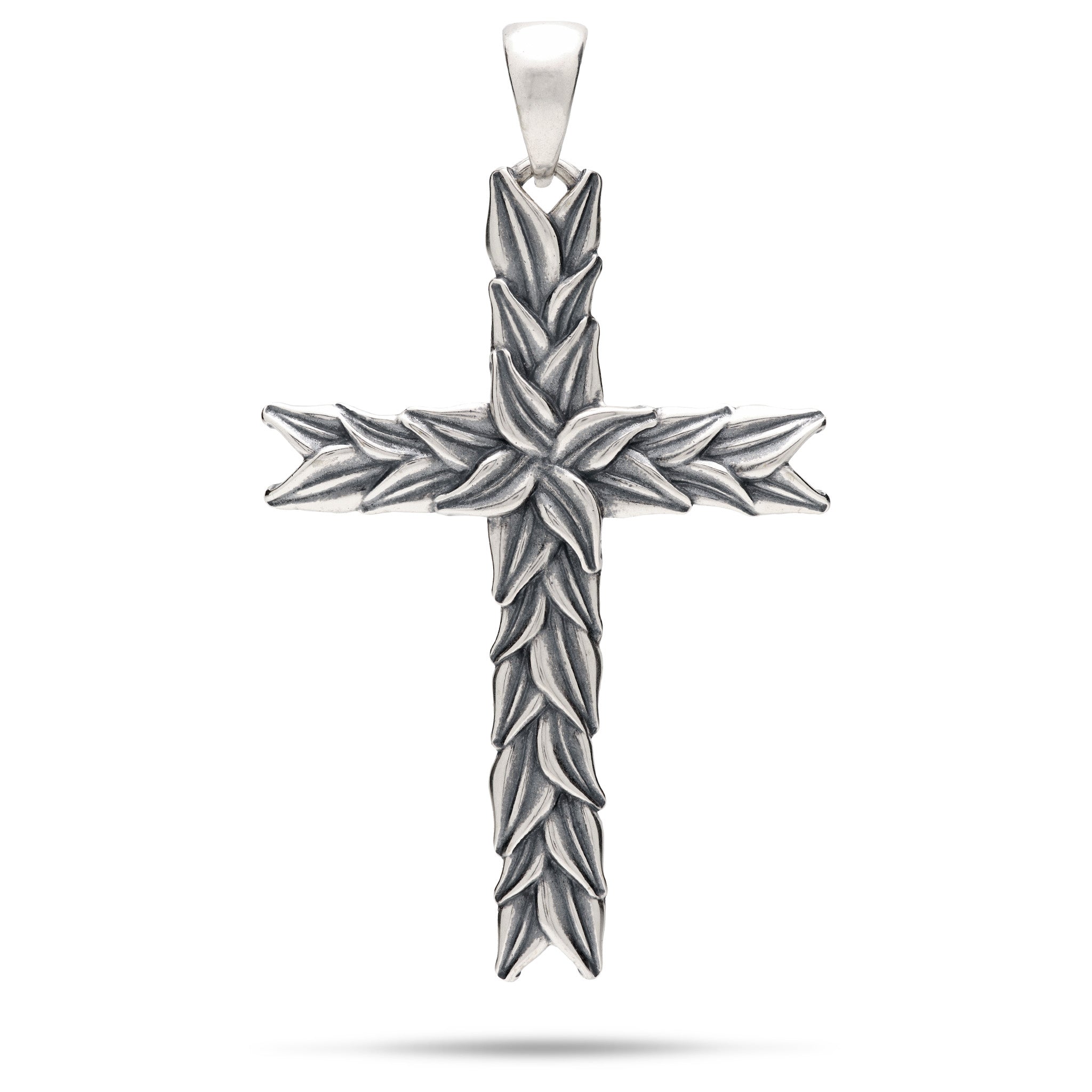 52mm Maile Cross Pendant in Sterling Silver with patina finish on a white background