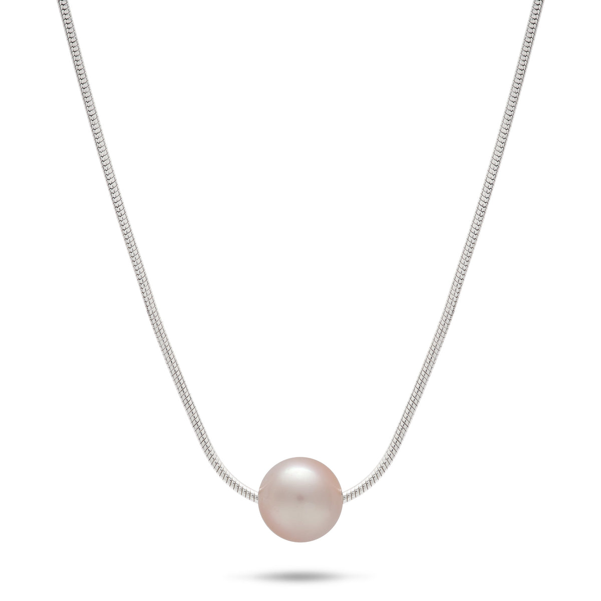 A sterling silver snake chain floating pearl necklace with a single lavender freshwater pearl, shown on a white background