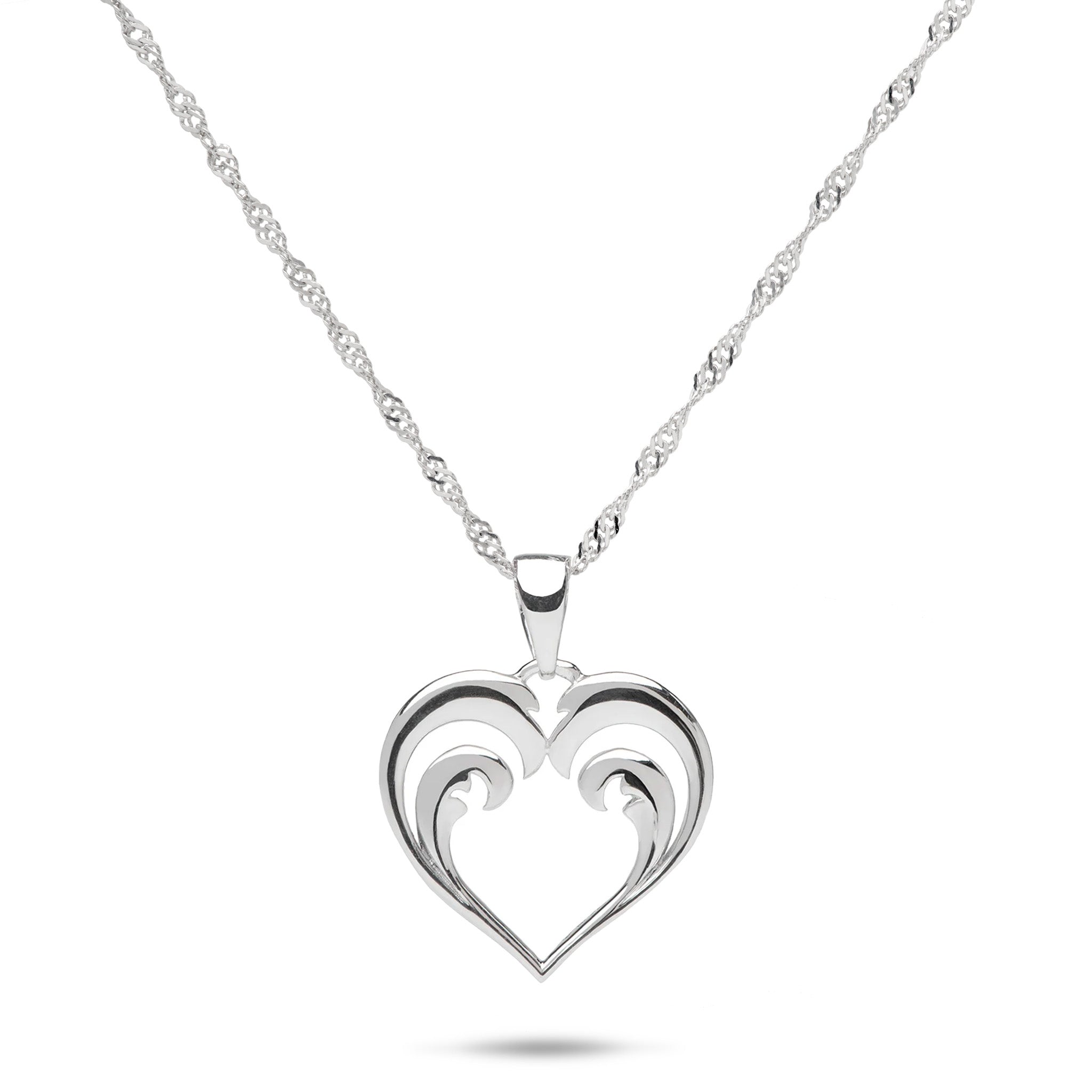 Nalu (Wave) Heart-shape Pendant in Sterling Silver with a high-polish finish on a 0.6mm Siongapore Chain on a white background