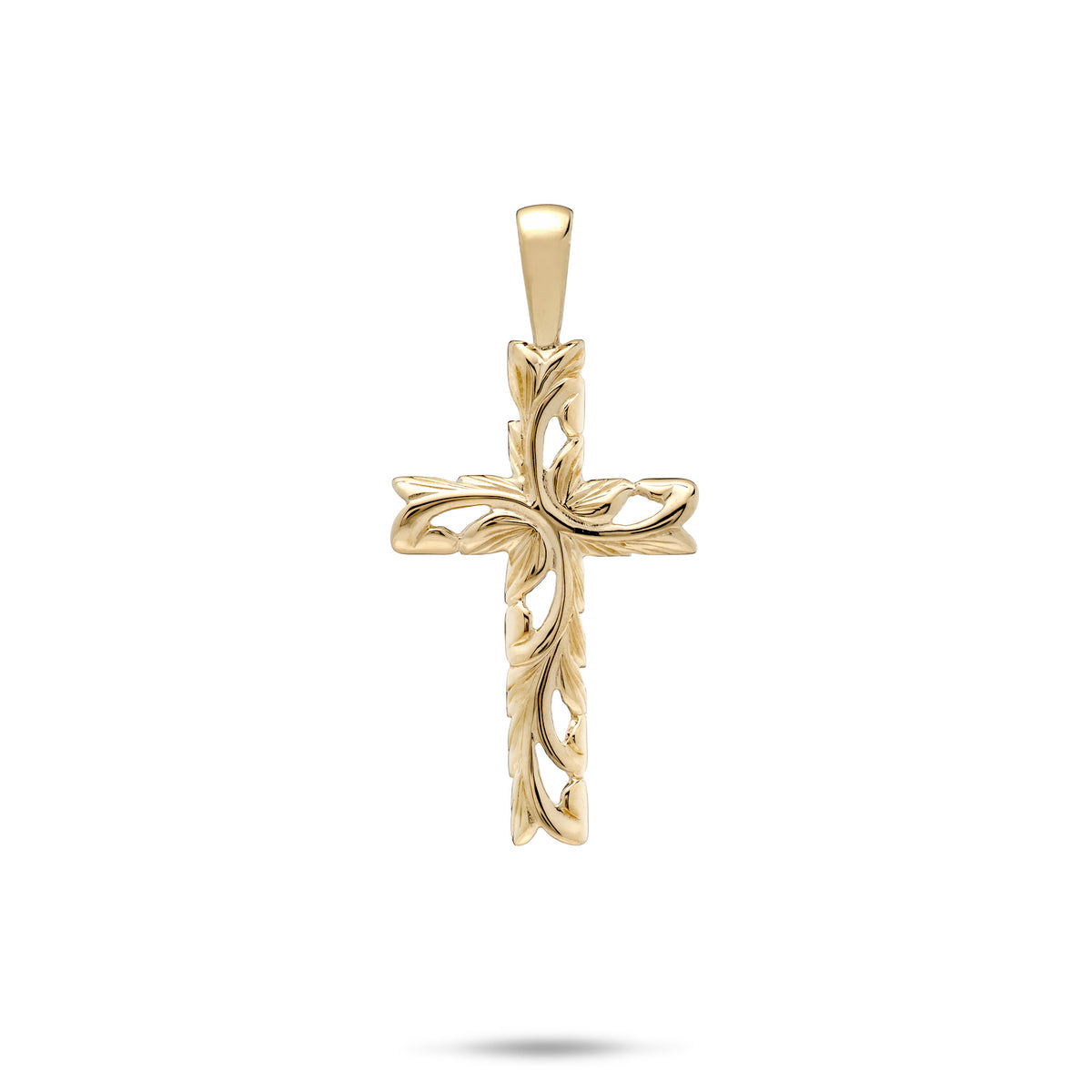 A 23mm 14k yellow gold Hawaiian HHeirloom cross pendant with carved-style design scrollwork featuring maile leaves and ferns, shown on a white background