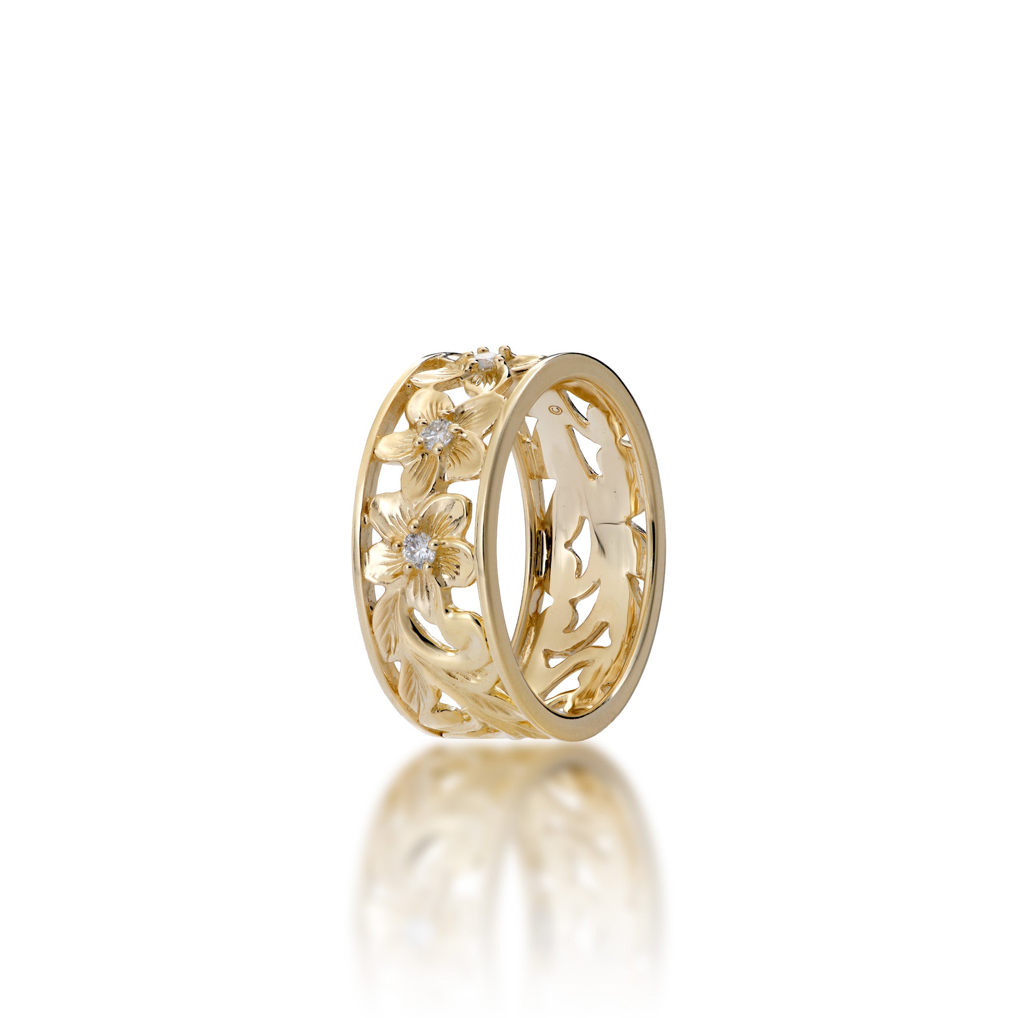 Hawaiian Heirloom Plumeria Ring in Gold with Diamonds - 8mm