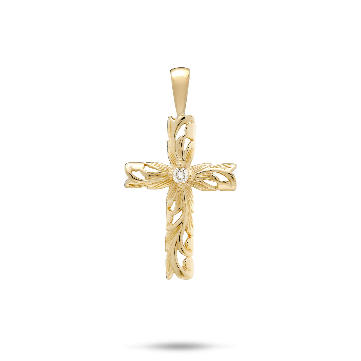 A 14k yellow gold cross pendant featuring Hawaiian heirloom scrollwork with maile leaves, ferns, and a diamond accent at the center, shown on a white background