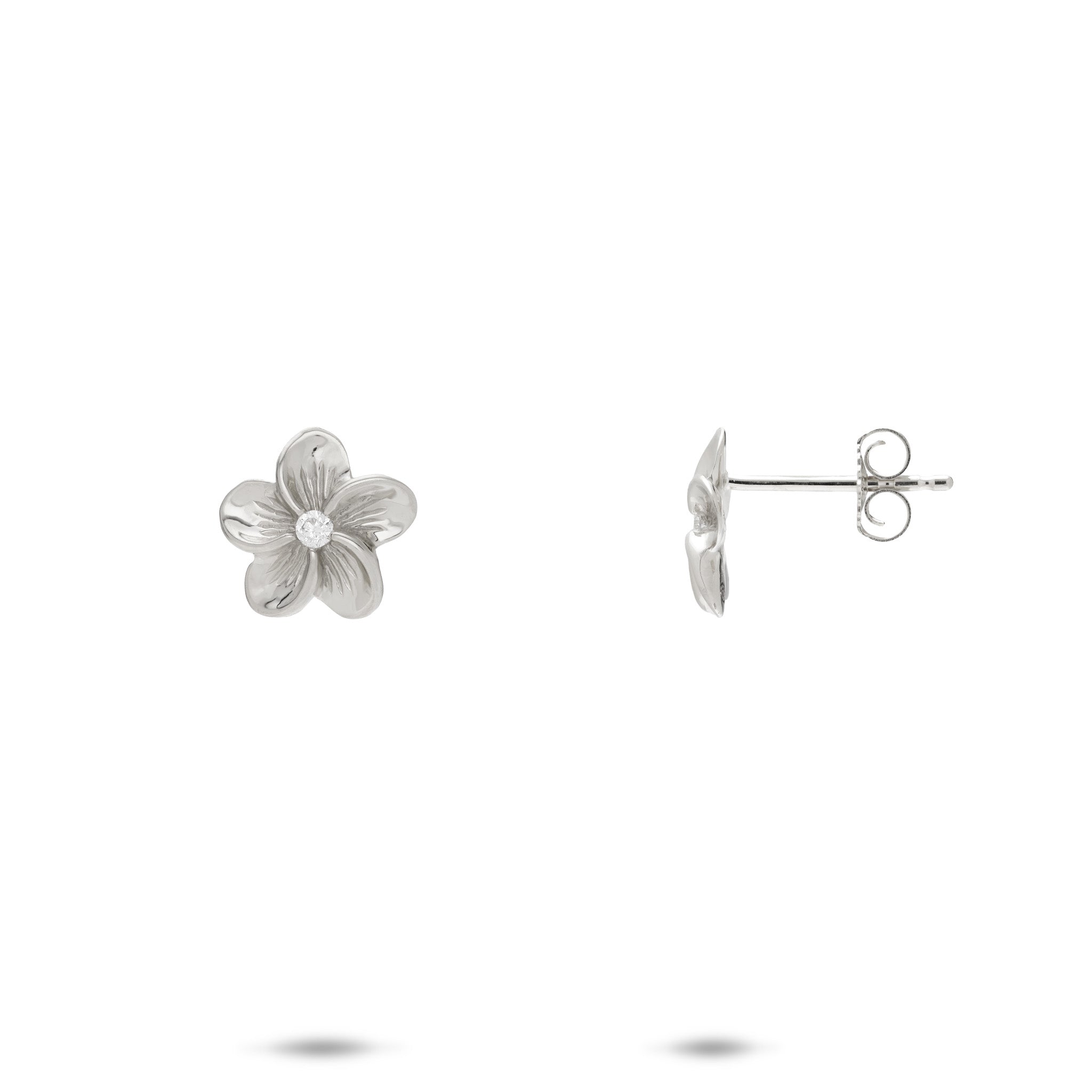 Hawaiian Heirloom Plumeria Earrings in White Gold with Diamonds - 9mm
