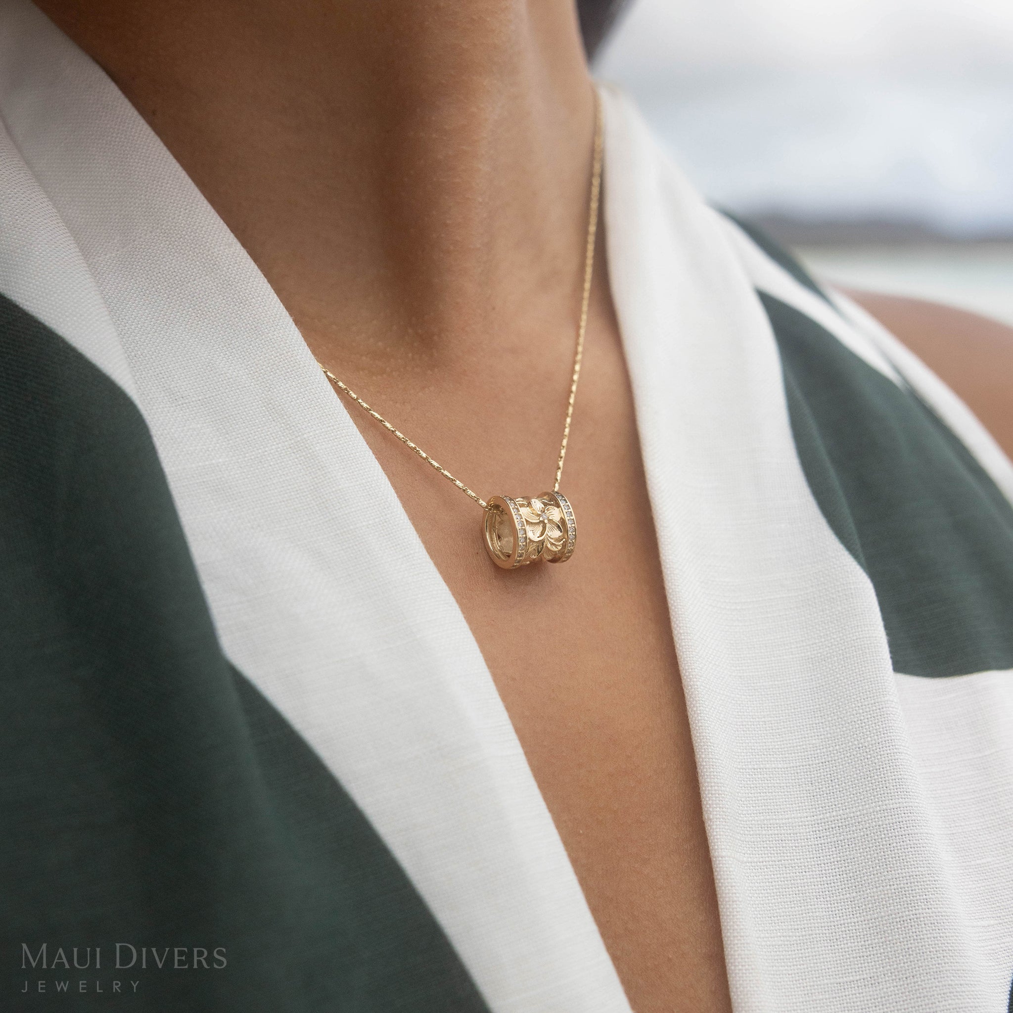 Hawaiian Heirloom Plumeria Barrel Pendant in Gold with Diamonds - 12mm