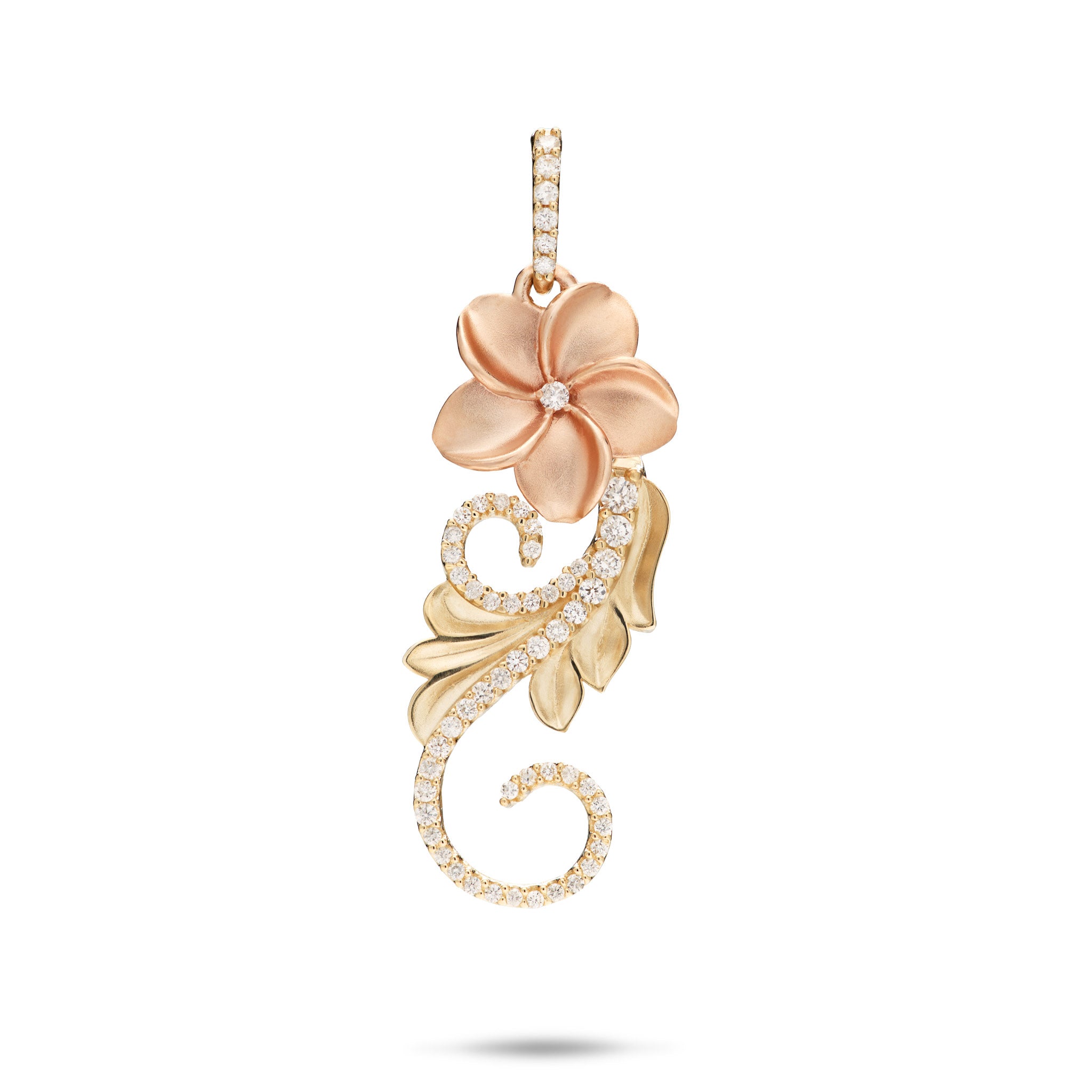 Hawaiian Heirloom Plumeria Pendant in Two Tone Gold with Diamonds - 30mm