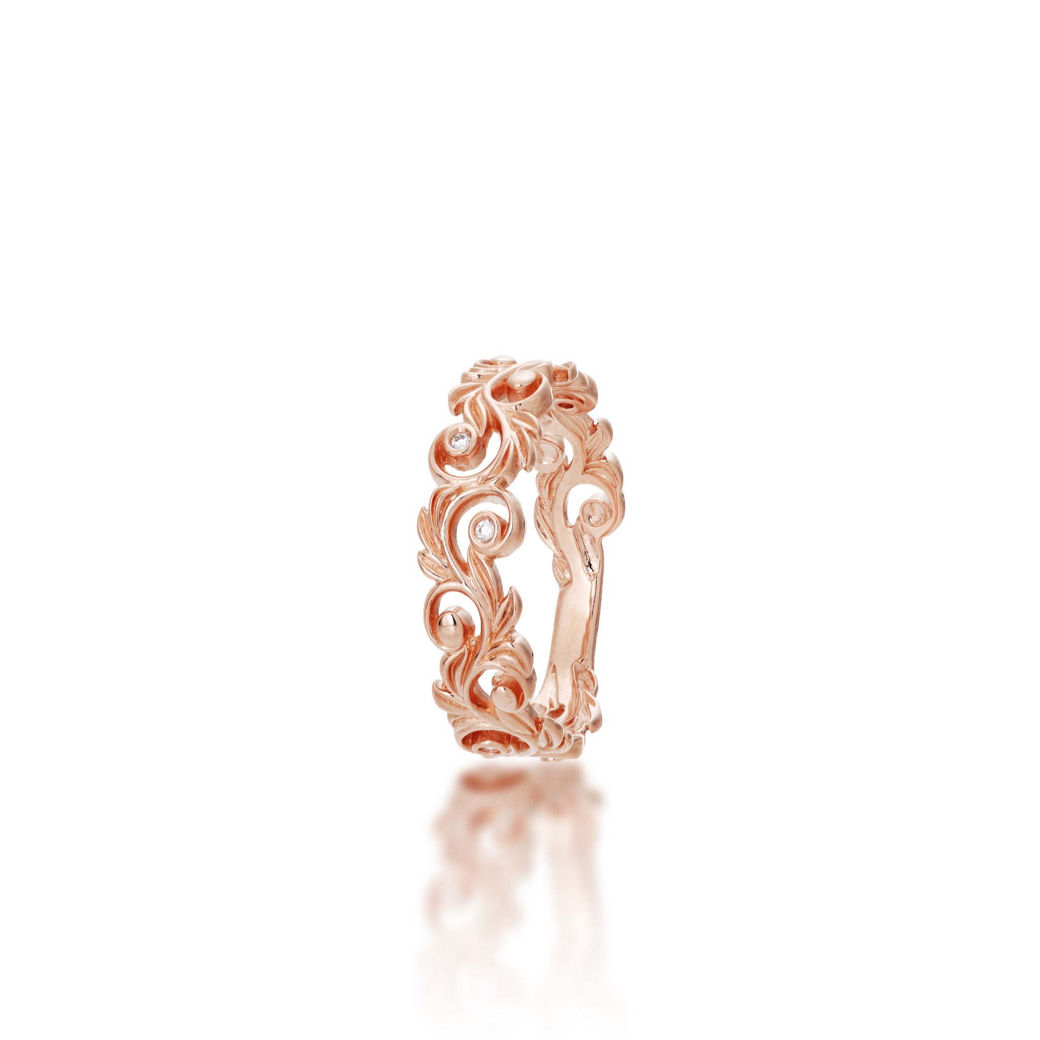 Angle view of the 6mm Living Heirloom Ring in Rose Gold with Diamonds