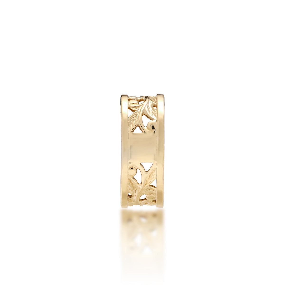 A bottom view of a 14k yellow gold Hawaiian Heirloom Ring showcasing the sizing band and maile leaf and fern scrollwork, shown on a white background