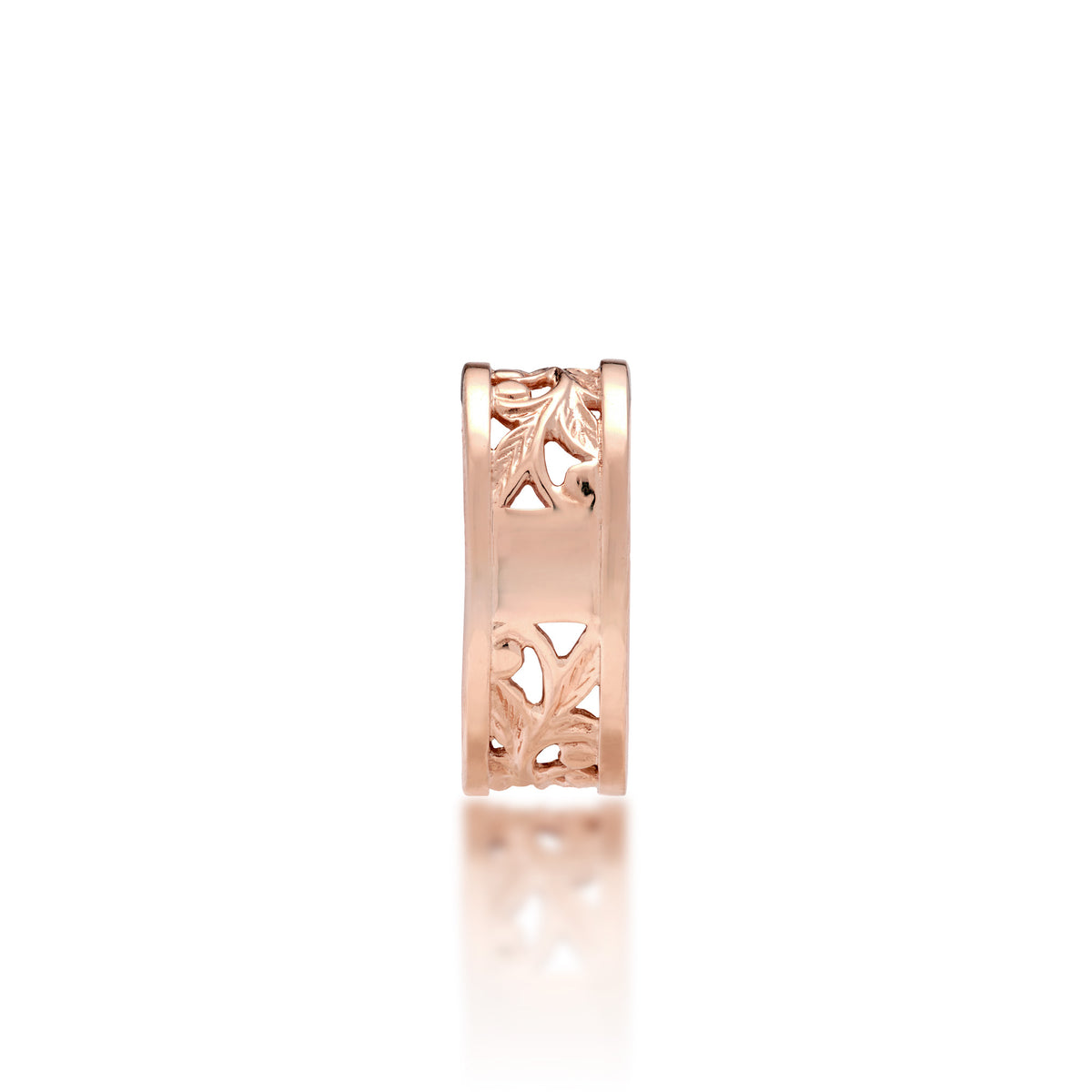 A bottom view of a 14k rose gold Hawaiian Heirloom Ring showcasing the sizing band and maile leaf and fern scrollwork, shown on a white background