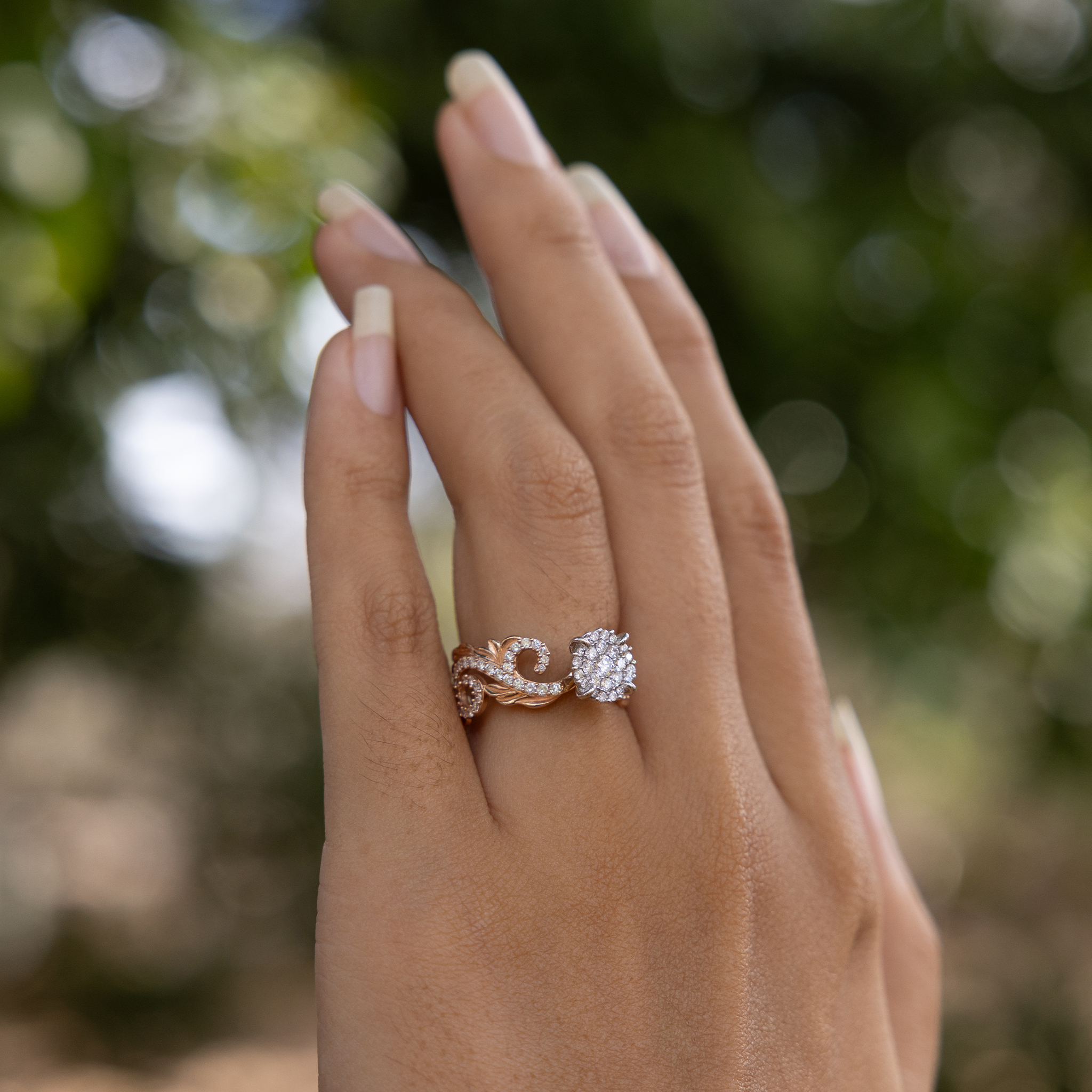 Hawaiian Heirloom Engagement Ring in Two Tone Gold with Diamonds