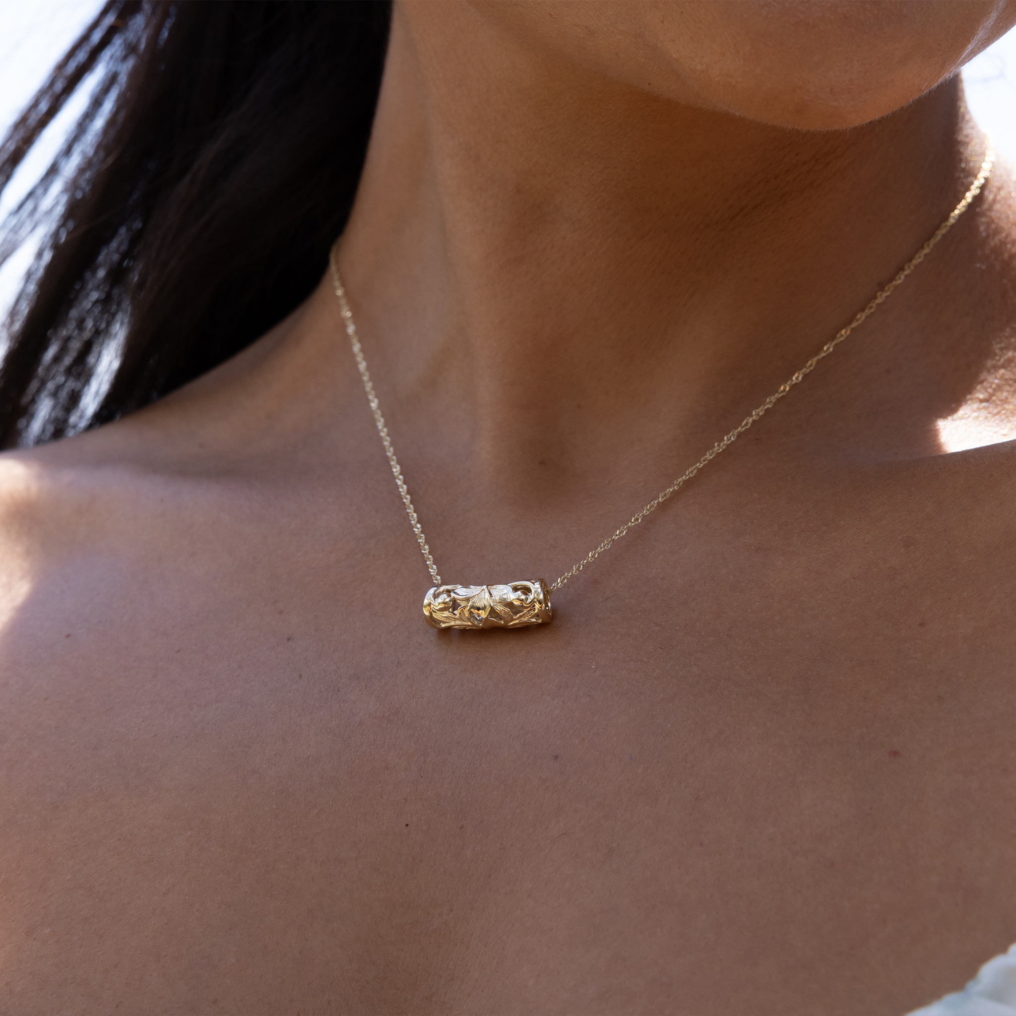 Hawaiian Heirloom Plumeria Scroll Barrel Pendant in Gold - 7mm