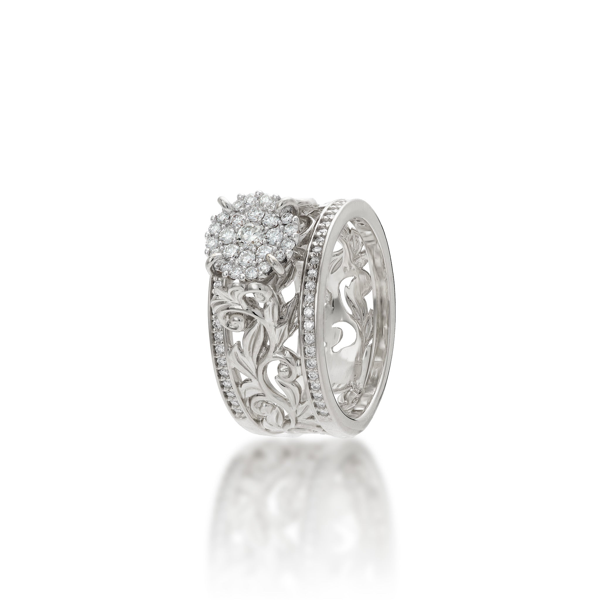 Angle view of the 10mm Living Heirloom Engagement Ring in White Gold with Diamonds on a white background