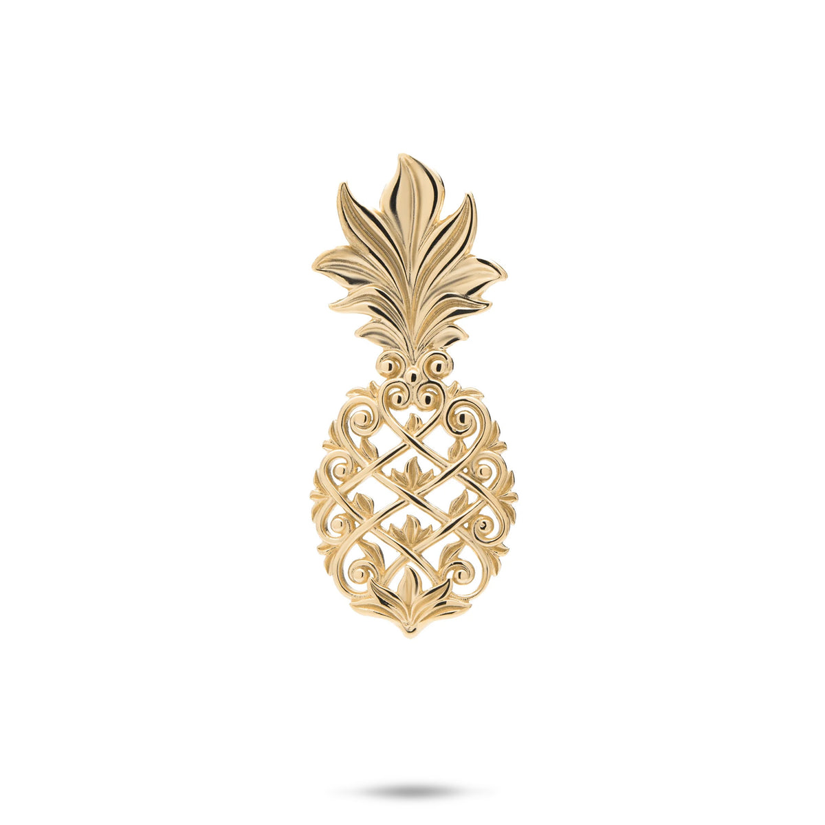 A 14k yellow gold Living Heirloom Collection pineapple pendant with a high-polish pineapple crown and intricate maile leaf and hāpuʻu fern scrollwork which creates the lower portion of the pineapple, shown on a white background