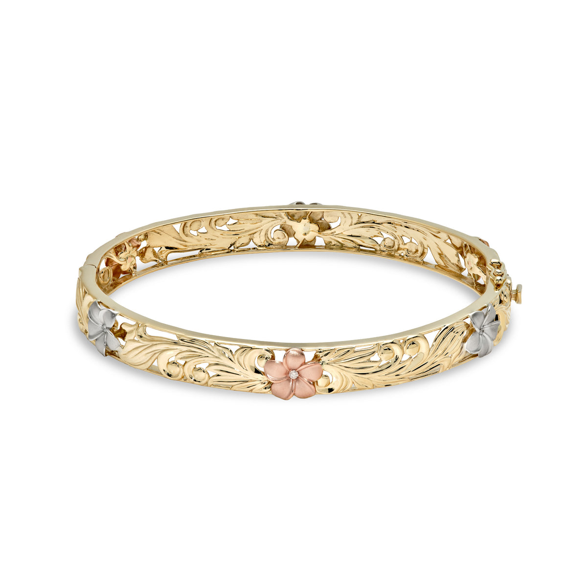 8mm Hawaiian Heirloom Hinge Bracelet in 14k yellow Gold with cut out design of rose and white gold plumeria flowers with diamond accented centers, maile leaves and hapuʻu fern; placed on a white background