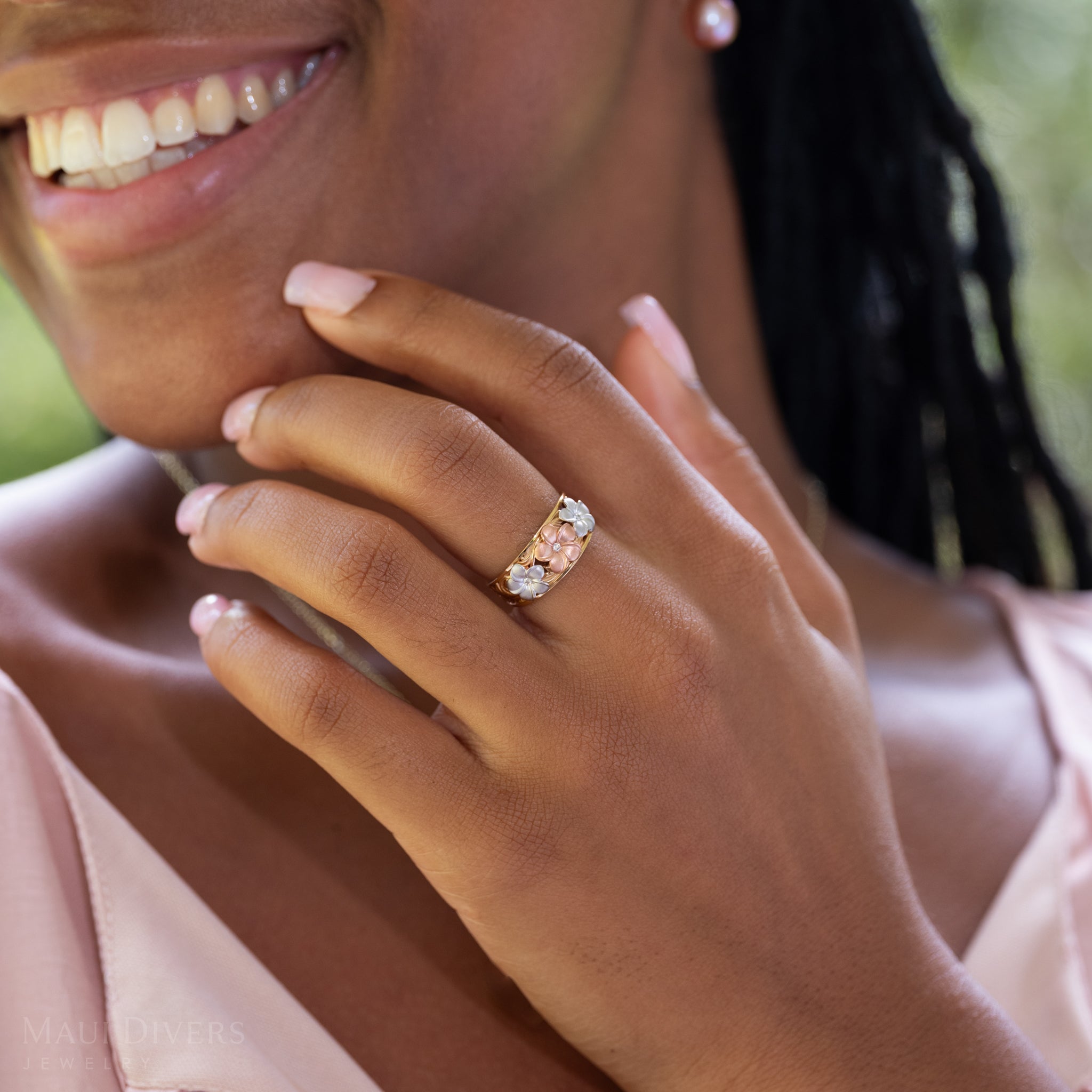 Hawaiian Heirloom Plumeria Ring in Tri Color Gold with Diamonds - 8mm