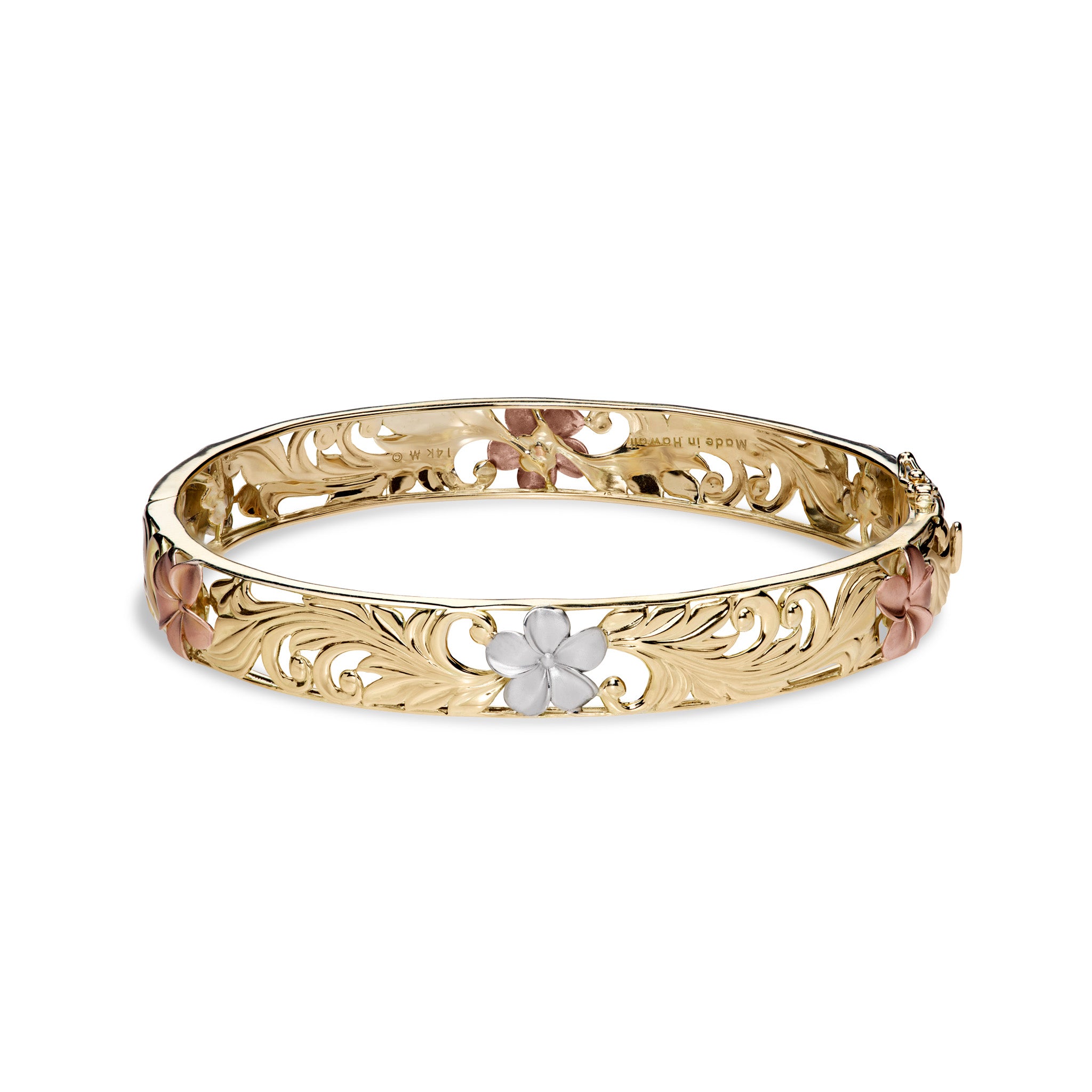 Hawaiian Heirloom Plumeria Hinge Bracelet in Tri Color Gold - 10mm