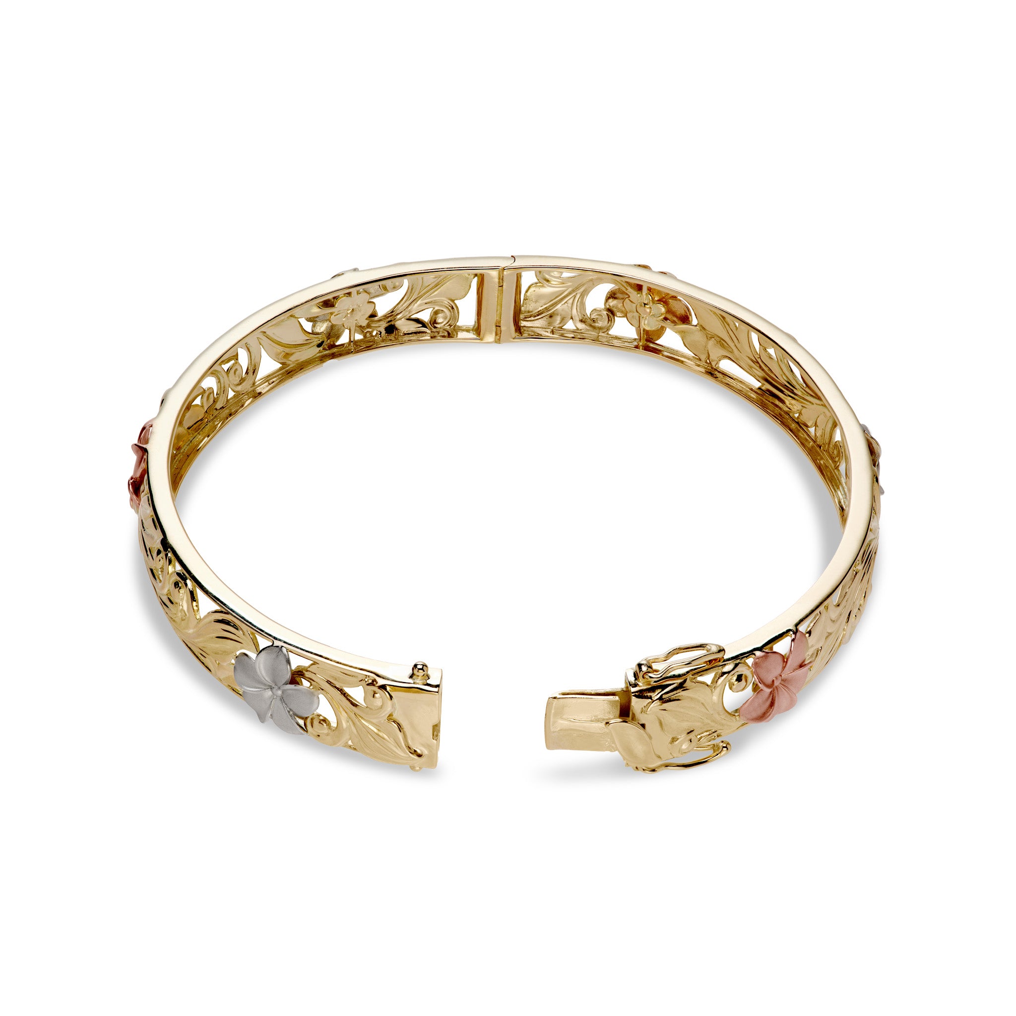 Hawaiian Heirloom Plumeria Hinge Bracelet in Tri Color Gold - 10mm