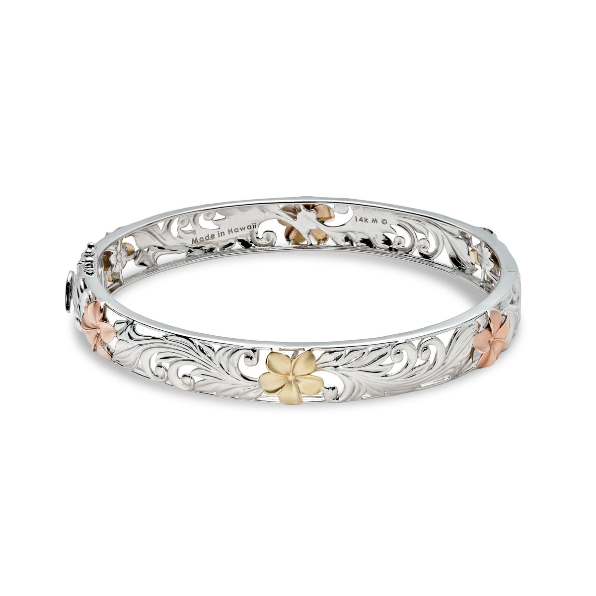 10mm Hawaiian Heirloom Hinge Bracelet in 14k white Gold with cut out design of rose and yellow gold plumeria flowers with diamond accented centers, maile leaves and hapuʻu fern; placed on a white background