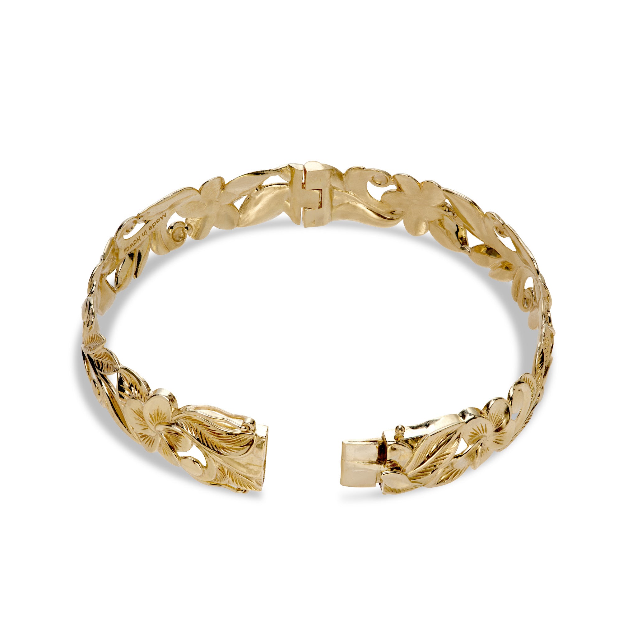 Hawaiian Heirloom Plumeria Hinge Bracelet in Gold - 12mm