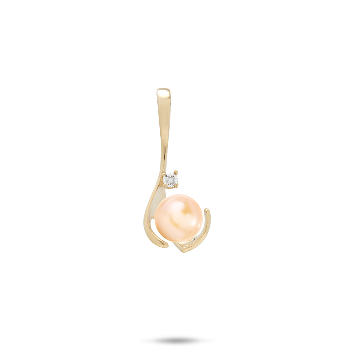 A 14k yellow gold drop pendant with a diamond and peach freshwater pearl, shown on a white background